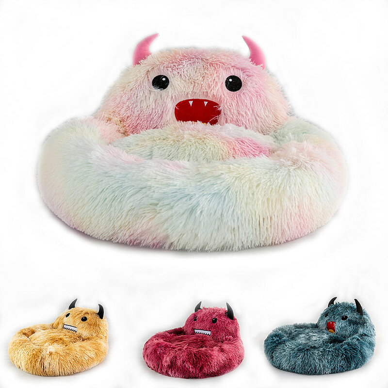 ペットベッド 猫 犬 用 秋冬 あったか 長毛 モンスター デザイン ペットハウス ベッド クッション 撥水 取り外し可能 洗える 防寒 保温 S/M/L サイズ
