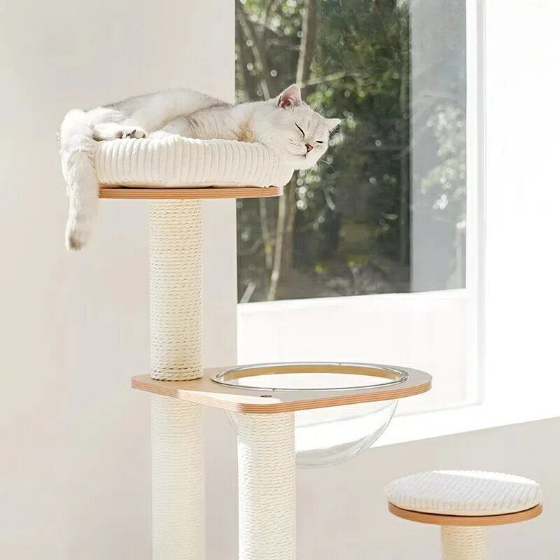 天然木製キャットタワー 猫用複合遊具 爪研ぎ・ベッド・展望台付 ラバーウッド使用 耐久性抜群 無垢材 省スペース設計 安全塗装 多層式 ペット用家具 3