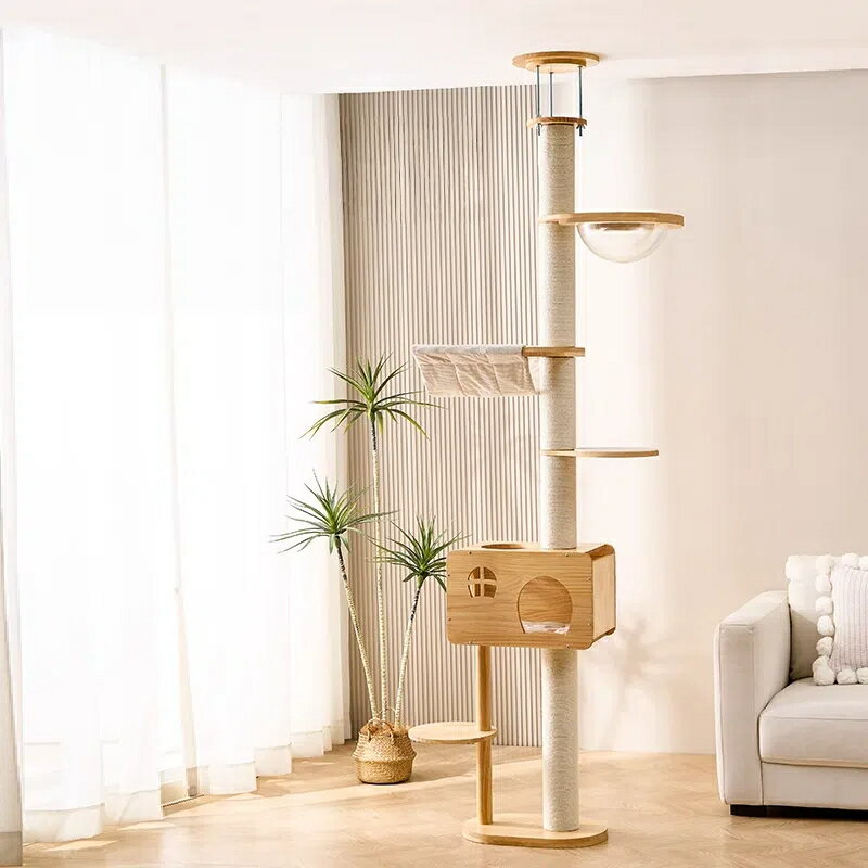 【天然木製】コンパクト猫タワー 一体型キャットツリー・ハウス付き（宇宙船ポッド・高柱設計） 省スペース オールシーズン対応 猫用ジャンプ台 安心安全設計