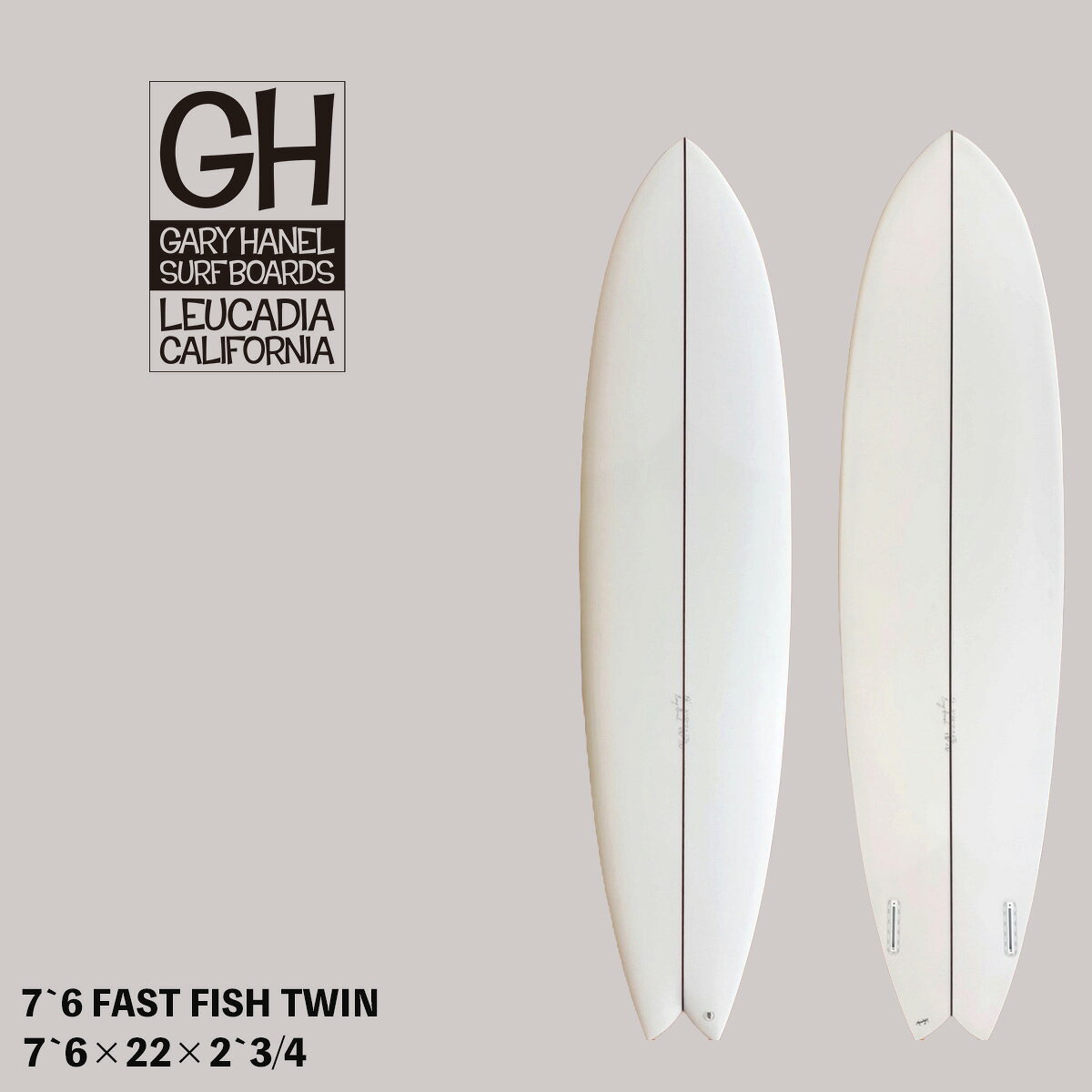 【SURFMARKET SUMMER SALE 2】 ◆キャンペーン内容 お受け取り方法をお選びください ● 発送をご希望の場合 通常価格より10％OFF＋送料無料 通常価格￥183,000（税込）→（10％OFF）￥164,700（税込） ●店頭受け取りの場合 10％OFF＋お好きなCRAFTSMANサーフギアをプレゼント！ ____________________________________________________________ 下記よりお好きな商品を1点お選びいただけます。 CRAFTSMAN ハードケース CRAFTSMAN ニットケース CRAFTSMAN FIN ____________________________________________________________ ◆対象ブランド CRIME SURFBOARDS CRAFTSMAN BRAND GARY HANEL BIRDOM STORM BLADE _____________________________________________________________ ◆キャンペーン期間 2026年7月22日（水）〜8月31日（月） _____________________________________________________________ ※注意事項 ・対象商品・特典内容は商品により異なります。 ・2BUY 10％OFFキャンペーンとの併用はできません。 ・送料無料は、西濃運輸による最寄り営業所止めでの発送となります。 ・沖縄・離島地域につきましては、別途中継料が発生いたします。 ・店頭受け取り特典のプレゼントは、対象商品の中から1点お選びいただけます。 ・フィンをお選びいただく場合は、原則として弊社スタッフが選定させていただきます。 ・2＋1フィンセットをお選びの場合は、サイドフィンまたはセンターフィンのいずれか1点が対象となります。 _____________________________________________________________ こちらの商品は西濃運輸 営業所止めでの発送になります。 必ずご希望の営業所を「お届け日時指定欄」にある 「配送に関するご要望」欄へ、ご記入ください。 ご希望がない場合は、 送り先ご住所の管轄の営業所止めにて発送いたします。 ※発送後の営業所変更には お客様ご負担の転送料金が発生いたします。 ※沖縄・離島への配送には別途送料が掛かります。 送料に関してはお問い合わせください。 ※個別配送をご希望の場合は別途、個別送料が掛かります。 個別送料に関してはお問い合わせください。 ※西濃運輸営業所止めでの発送となり、商品代引はご利用頂けませんのでご注意ください。 ●GARY HANEL GARY HANEL（ゲイリー・ハネル） カリフォルニア・エンシニータスのクラフトマン「GARY HANEL」がフルハンドシェイプで生み出すブランド。 GARYの経歴は異彩を放ち、長らく数学教師を続ける傍ら、MOONLIGHT GLASSINGやWAYNE LYNCHなどの下でシェイプを続けた。 本質を追求したプロダクトはカリフォルニアの名だたるサーフショップで認められ、目の肥えたサーファーから高い評価を受けている。 ●DIMENSION 7`6×22×2`3/4 ※メーカー表記 ●FIN SYSTEM Twin Fin Futures ●付属品 なし 日本初登場の【FAST FISH TWIN】 カリフォルニアのレジェンドシェイパー Gary Hanel による、フィッシュデザインを進化させたミッドレングスモデル「FAST FISH TWIN」。 7'6"という絶妙なレングスに、ワイドで厚みのあるフィッシュアウトラインを組み合わせることで、圧倒的なテイクオフの速さとスピード性能を実現。小波からパワーのないコンディションでもしっかりと走り出します。 ボリュームのあるミッドレングスながら、レールワークへの反応は非常にスムーズ。トリムで流すだけでなく、しっかりとボードを踏み込んでいくサーフィンにも対応します。 ■ 仕様 Shaped by GARY HANEL Moonlight Glassing製 ダークウッドシングルストリンガー ヴォランデッキパッチ ヴォランフィンパッチ ※クリアカラーのサーフボードは、素材の特性上、保管中にヤケ（変色）が見られる場合がございます。あらかじめご了承のうえご購入ください。 こちらは返品・交換の対象外となります。