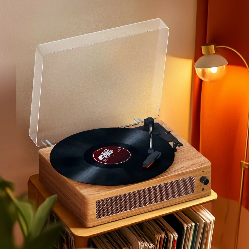 復古レコードプレーヤー 内蔵スピーカー、ブラックレコード蓄音機 33/45/78 RPM 対応、ベルトドライブに適合した レトロ音楽プレーヤー7