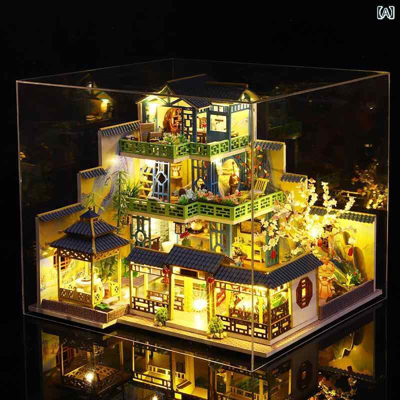 SSWSTOREのドールハウス P013 富春山居 中華風 別荘 模型 DIY 組み立て式 ハンドメイド 木製 キット ダストカバー付き 精巧 大人向け ホビー イン｜アングル2