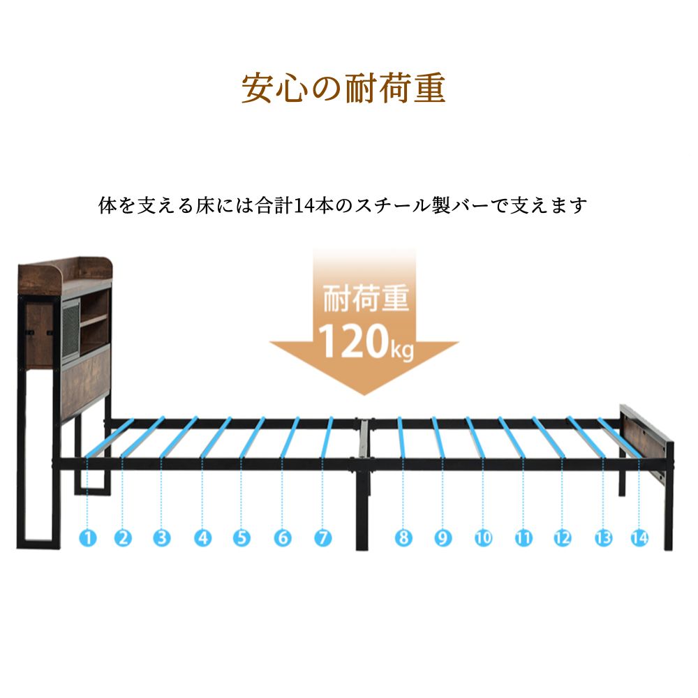 STペットハッピー屋のパイプベッドフレーム 宮棚 コンセント付き シングル/セミダブル/ダブル 収納付き ベッドフレーム スチール × 木製 おしゃれ 一人暮らし 耐荷重120kg/180kg｜アングル3