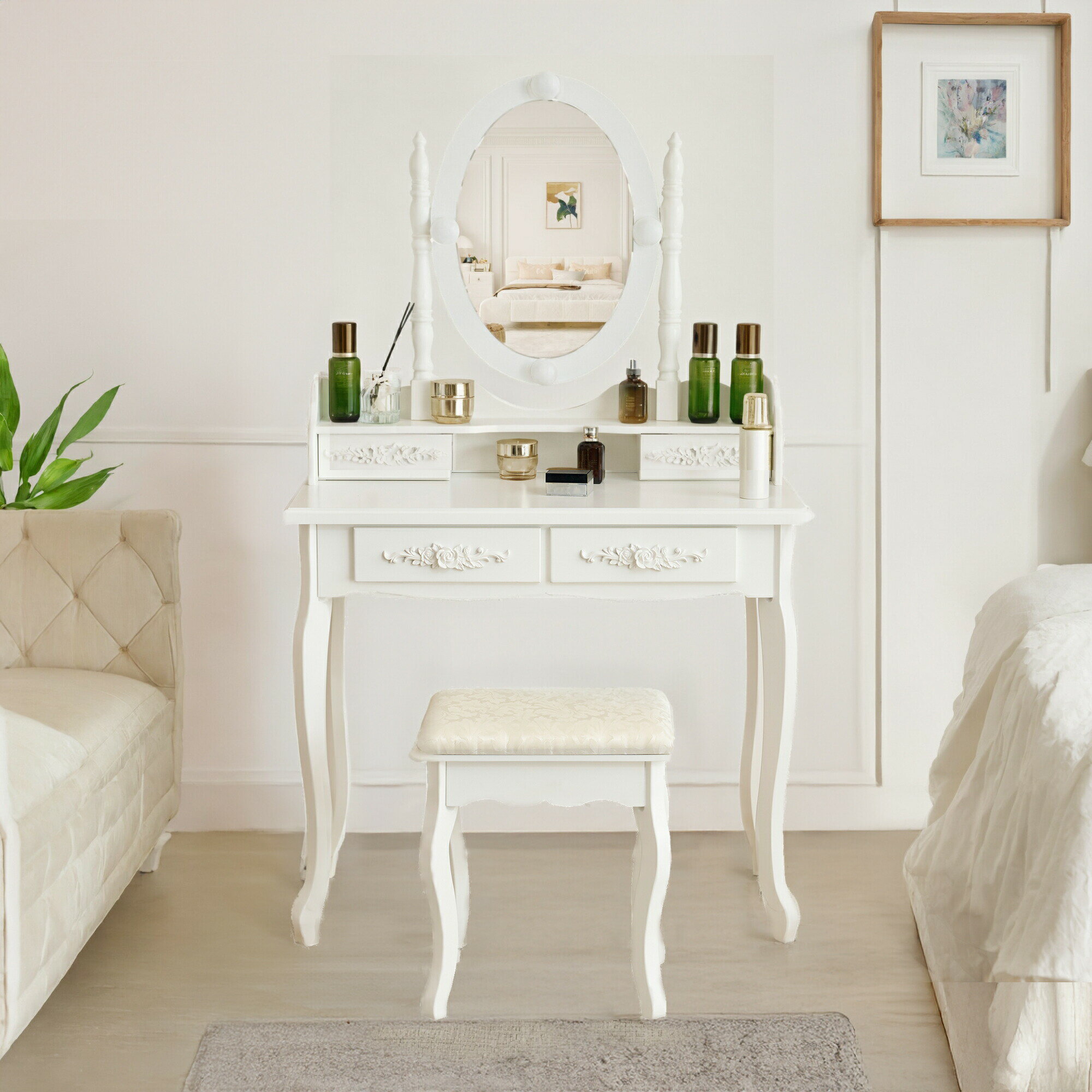 【レビュー投稿で5%OFFクーポン】LEDライト付きドレッサー 化粧台 幅80cm デスク兼用 収納付き メイク..