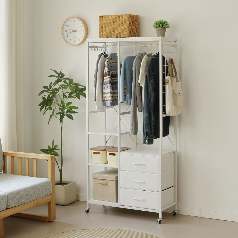 ハンガーラック キャスター付き クローゼット 収納 幅80cm 高さ170cm 棚付き 引き出し3段 S字フック メ..