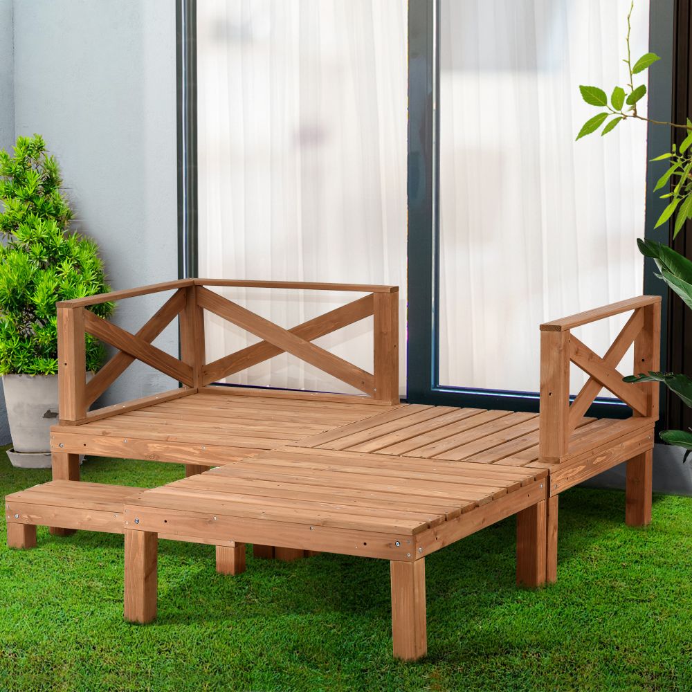 Rakuten - ウッドデッキ 天然木 杉 3点セット フェンス付き 踏み台付き 90×90cm アレンジ自由 耐荷重200kg 庭 ベランダ