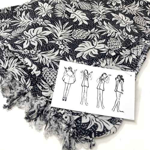 LONG SARONG PINEAPPLE BLACK 152cm×114cm ロング サロン パイナップル ブラック フラダンス アロハ ハワイ HAWAII ALOHA hilo hattie ビーチカバーアップ パレオ ドレス ショール