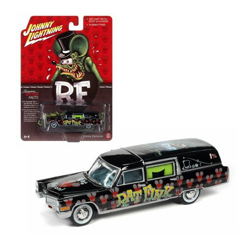 1966 Cadillac Hearse Rat Fink Black 1:64 Scale Die-cast Model ラットフィンク キャデラック ダイキャスト モデル ミニカー アメリカ USA アメ車 ワゴン エドロス Johnny Lightning 働く車 霊柩車