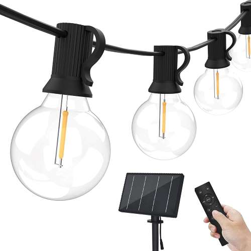 LED G40 Solar String Lights 25球 15メートル （LED ソーラー ストリングライト 25球） お庭パーティー、お部屋の飾りにムード満点。 ステキにパーティー会場アレンジを。 全長約15m 25球です。 電源：ソーラー充電式 照明時間：常時点灯モード最大8時間点灯／点滅照明モード最大12時間 ※天候により充電状況が変わるため目安の照明時間となります。 防水レベル：IP65（ソーラーパネル）/ IP44（ストリングライト） 照明モード：4種類（常時点灯／高速点滅／低速点滅／呼吸モード） ソケットベース：E12ソケットベース 電球素材：プラスチック 色温度：2700ケルビン（電球色） 光束：40ルーメン ※アメリカ輸入品です。 パッケージに若干のダメージがある場合があります。 製造時からの製品の多少の擦れ、剥げ、ずれがある場合がございます。 【電飾】【パーティライト】【ライト】【クリスマス飾り】【飾り】【tree Lights】【イルミネーション】【ガーデン】【ガーデニング】【ロハス】【CMPC-O25XA】　