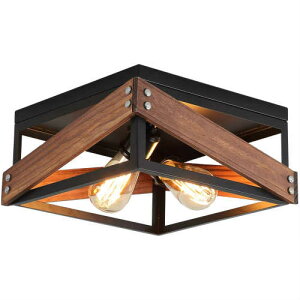 Metal and Wood Square Flush Mount Ceiling Light ブラック メタル ウッド スクエア 四角 シーリングライト 電気 インテリア ガラス 照明器具 天井照明 おしゃれ 木製 吊り下げ アイアン アメリカ リビング カフェ 店舗 ビンテージ風