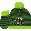 John Deere Toddler Stripe Fleece Lined Tractor Beanie Stocking Cap with Mittens ジョン ディアー キッズ 手袋 ストライプ ビーニー ニット帽 ボンボン ポンポン 裏地 トラクター 耕運機 アメリカ アメ車 アメリカン 帽子 LP81232