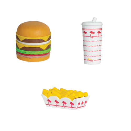 IN-N-OUT-BURGER ERASER SET （インナウトバーガー　消しゴム　3個セット） 【IN-N-OUT-BURGER】 アメリカのカリフォルニア生まれの人気ハンバーガーチェーンです。 インナウトバーガーの消しゴムです。 ダブルダブルハンバーガー、ドリンクカップ、フライドポテトの3個セットです。 アメリカンスタイルのハンバーガーをモチーフにしたかわいらしいデザインが魅力です。 オフィスや学校で使える定番アイテムです。 サイズ（ハンバーガー） 縦約3cm　横約3cm ※アメリカ輸入品です。 新品未使用品ですが、パッケージに多少のダメージがある場合がございます。 【IN-N-OUT-BURGER】【インアウトバーガー】【西海岸】【文房具】【消しゴム】【アメリカ】【インナウトバーガー】【カリフォルニア】