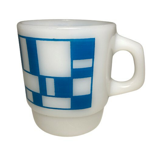 【中古】Fire King Mosaic Blue Mug ファイヤーキング モザイク ブルー スタッキング マグ 中古 海外輸入中古品 Anchor Hocking USA スクエア ビンテージ アメリカ アメリカン