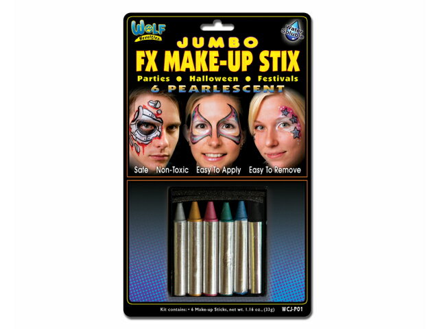 MAKE UP STIX（パール） （メイクアップ　スティック　パール） フェイスペイントのクレヨンセットです。 このパールのセットは、パールの光沢が出るペイントクレヨンです。 ハロウィンはもちろんパーティー・イベントに。 アメリカのフェイスアート専門のメーカーで作られている人体に有害な物質を含まない安全無害なペイントで、顔や身体に描けます。 【セット内容】 ペイントクレヨン　6色セット 【使用方法】 顔や体に塗る前に肌荒れ防止用のクリーム、化粧下地クリームなどペンントする部分にご使用頂く事をおすすめいたします。 ※肌に合わない方はご使用をおやめ下さい。 【パッケージサイズ】 高さ約21.5cm　幅約13.2cm　厚さ約1.3cm 　 こちらの商品は【ネコポス】対応です。 アメリカ輸入製品です。 パッケージに輸送中のダメージが多少ある場合がございます。 【フェイスペイント】【舞台メイク】【フェイスメイク】【ハロウィン】【仮装メイク】【映画】【パーティー】【メイクスティック】【フェイスペイントセット】【フェイスクレヨン】【スポーツ観戦】【アメリカ】【変装】