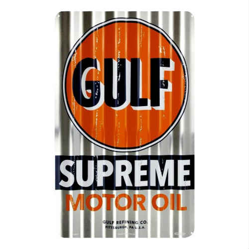 Gulf Supreme Corrugated Sign ガルフオイル 看板 ガレージ、お部屋のインテリアなどに。 【サイズ】 縦約45.8cm　横約29.2cm 【材質】 アルミニウム製 取付用の穴が4か所開いています。 アメリカ輸入品で...