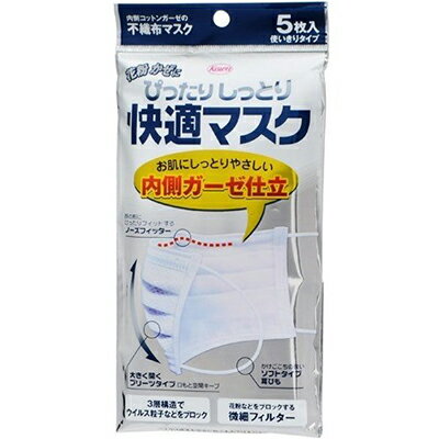 ぴったりしっとり快適マスク 内側ガーゼ仕立て フリーサイズ 5枚 （ 興和新薬 ） [ かぜ 風邪 ウイルス 花粉 ほこり しっかり 快適 ノーズ フィット 不織布 ガーゼ 立体 おすすめ ]