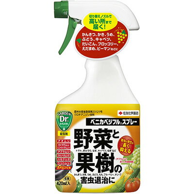 ◆商品説明 ・野菜と果樹の害虫を退治し、また、害虫の発生を長く抑える園芸用殺虫剤です。 ・アブラムシで約1ヶ月効果が持続します。 ・幅広い害虫に優れた効果があります。 ・だいこん、キャベツなどの野菜、うめ、かき、かんきつなどの果樹に使えます。 ・即効性と持続性があります。 ・成分は葉裏まで浸透し、葉の中や葉裏の害虫まで退治できます。 ◆ご注意 【効果・薬害等の注意】 ・適用作物群に属する作物又はその新品種に本剤をはじめて使用する場合は、使用者の責任において事前に薬害の有無を十分確認してから使用する。なお、病害虫防除所等と相談することが望ましい。 【安全使用上の注意】 ・体調のすぐれない時は散布しない。 ・人に向かって噴射しない。 ・眼に入らないように注意。眼に入った場合は直ちに水洗し、眼科医の手当を受ける(刺激性)。 ・風向きなどを考え周辺の人家、自動車、壁、洗濯物、ペット、玩具などに散布液がかからないように注意。 ・ミツバチ及び蚕に対して影響があるので、注意して使用する。 ・使用後の空容器は3回以上洗浄してから処理する。 ◆品質表示 有効成分：クロチアニジン：0.0080% 性状：無色透明液体 剤型：スプレー剤 JET切り替えノズル