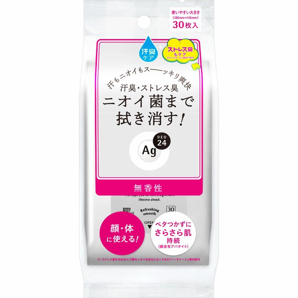 【商品説明】 ・肌快適ケア。 ・いつでもどこでもずーっと快適な肌を願う人へ。 ・汗もニオイもすっきりふき取り！ ・シャワーのような爽快感が続く。 ・汗臭・ストレス臭・ベタつき・汚れ・ニオイ菌まで拭き消す！ ・白くならずにさらさら肌続く。 ・ベタつかずにさらさら肌持続、銀含有アパタイト(さらさらパウダー)・ヒアルロン酸パウダー配合。 ・顔・体に使える。フェイス＆ボディ用。 ・30枚入、無香性 ※リニューアルに伴い、パッケージ・内容等予告なく変更する場合がございます。予めご了承ください。 【使用方法】 ・袋の表のフラップのOPEN側を開け、1枚ずつ取り出し、お肌を拭いてください。 ・顔・首・ワキの下・腕・胸もと・背中・脚など全身に使えます。 ご使用上のポイント ・顔に使用する際はこすらずに、そっとおさえるようにお使いください。肌をこすったり、強くおさえたりするとメイクが落ちることがあります。 ・手指を清潔にしたいときなどにもお使いいただけます。 【成分】 水、エタノール、シリカ、乳酸Na、乳酸、ヒアルロン酸Na、リン酸3Ca、PPG-20デシルテトラデセス-10、エチルヘキサン酸セチル、EDTA-3Na、t-ブチルメトキシジベンゾイルメタン、銀、ケイ酸(Li／Mg／Na)、グリセリン、トコフェロール、香料 【注意事項】 ・顔、粘膜、傷口、除毛直後にはお使いにならないでください。　 ・アルコールに敏感な方、特に肌の弱い方、乳幼児は使用しないでください。　 ・中味の乾燥を防ぐため、ご使用後はフラップをきちんと閉めてください。　 ・開封後はなるべくお早めにお使いください。　 ・シートを直接衣服につけないようにご注意ください。 ・家具、床、電気製品、小物などを拭かないでください。　 ・カバンの中などで押されたり、上に物をのせたりすると液がしみ出る場合がありますのでご注意ください。　 ・水洗トイレには流さないでください。　 ・日のあたるところや高温のところに置かないでください。特に夏場の車内などに長時間放置しないでください。　 ・乳幼児の手の届かないところに置いてください。 【原産国】日本 【お問い合わせ先】 ファイントゥデイ　TEL.0120-202-166