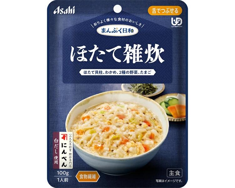 まんぷく日和 ほたて雑炊 100g アサヒグループ食品/ほたての風味広がる舌でつぶせる雑炊/ふんわり卵と2種の野菜で彩り豊かに/にんべんの白だしで上品な味わいを実現/食べやすさと栄養を両立したユニバーサルフード