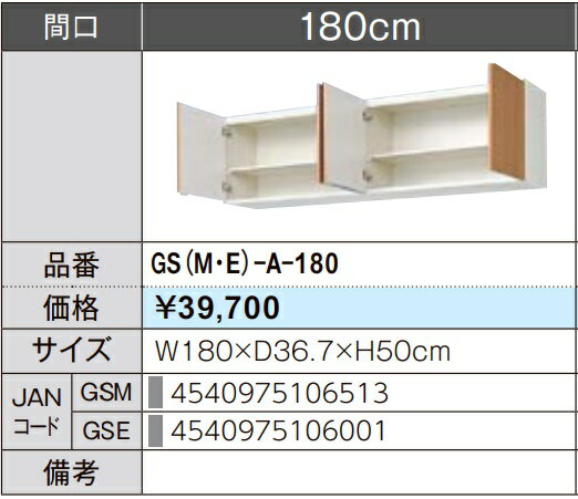 Rakuten - LIXIL リクシル ウォールキャビネット セクショナルキッチン GSシリーズ 木製キャビネット GS(M-E)-A-180 W180×D36.7×H50 メーカー直送便にてのお届けです ご連絡のつきます携帯番号明記お願いします 北海道・沖縄・離島は別途送料有