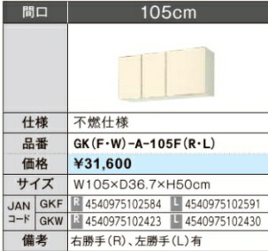 LIXIL リクシル ウォールキャビネット セクショナルキッチン GKシリーズ 木製キャビネット GK(F/W)-A-105F W105×D36.7×H50 不燃仕様 メーカー直送便にてのお届けです ご連絡のつきます携帯番号明記お願いします 北海道・沖縄・離島は別途送料有