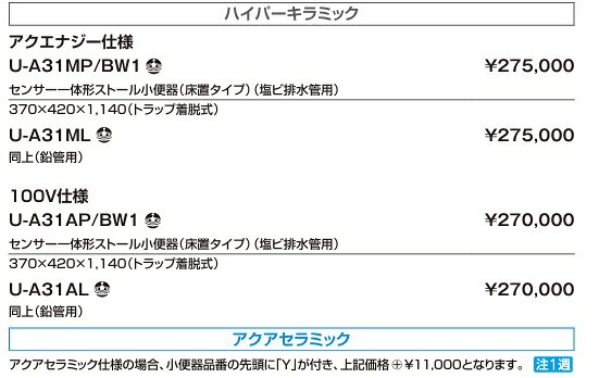 リクシル センサー一体型ストール小便器 ハイパーキラミック U-A31AP/BW1 100V仕様 床排水芯低リップタイプ 塩ビ配管用 アクアセラミック選択有 YU-A31AP/BW1 メーカー直送便にてお届けです