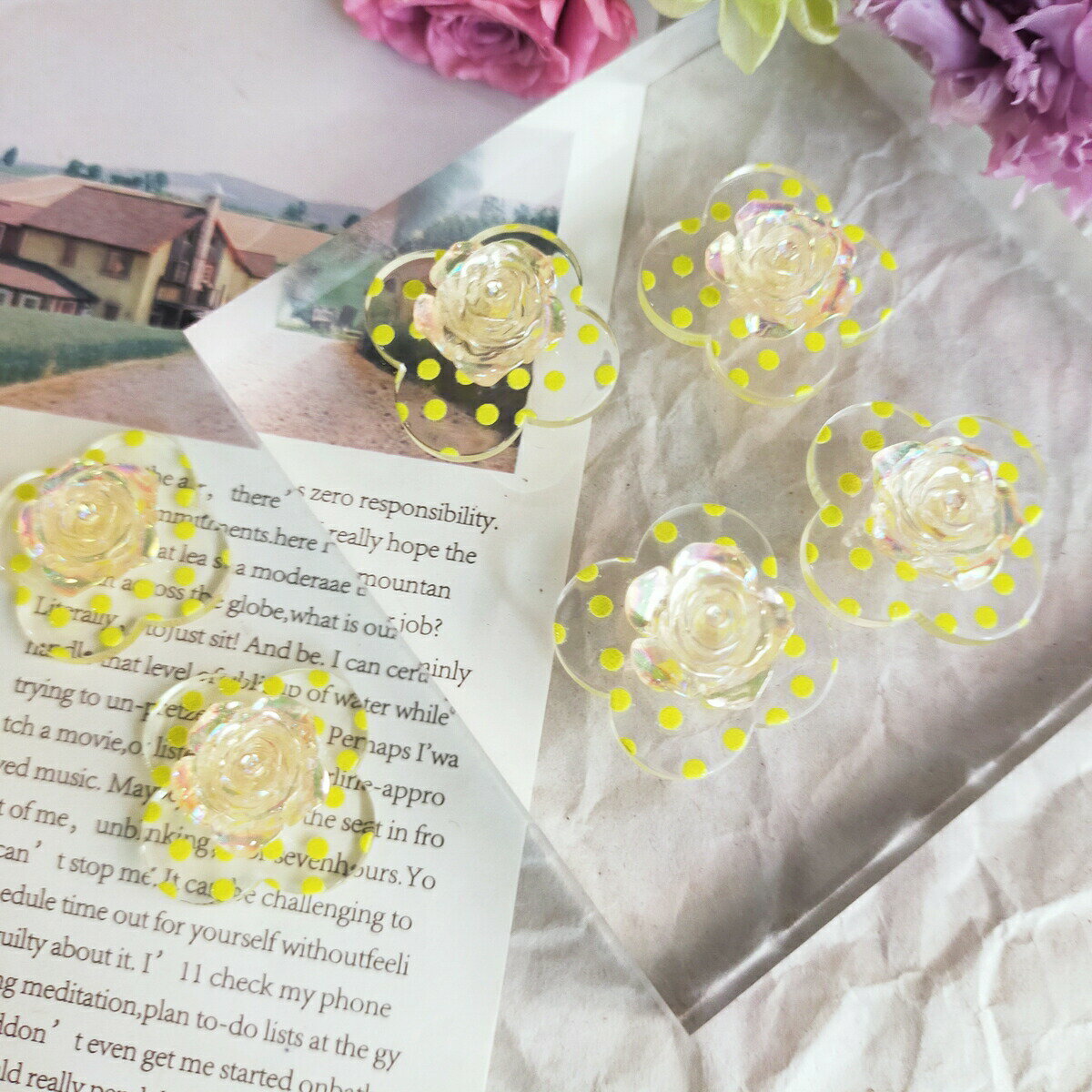 4個// ローズ バラ 薔薇 rose イエロー ドット クリア フラワーパーツ 花 フラワー カボション アクリル アクセサリーパーツ ハンドメイドパーツ ピアス素材 問屋 仕入れ KF30Y
