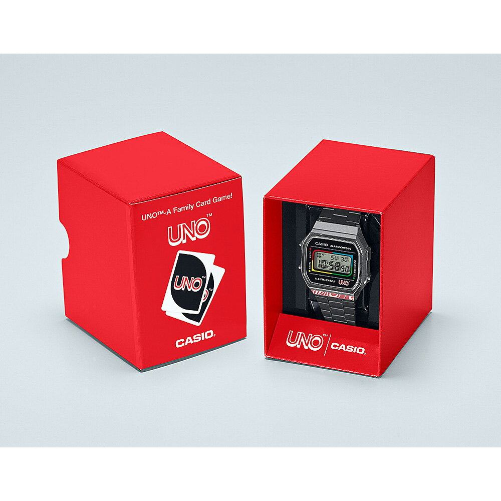 CASIO / UNO A168WEUC-1AJRCASIO CLASSIC UNO コラボレーションデジタル 腕時計 ウノ ワイルドカード デザイン