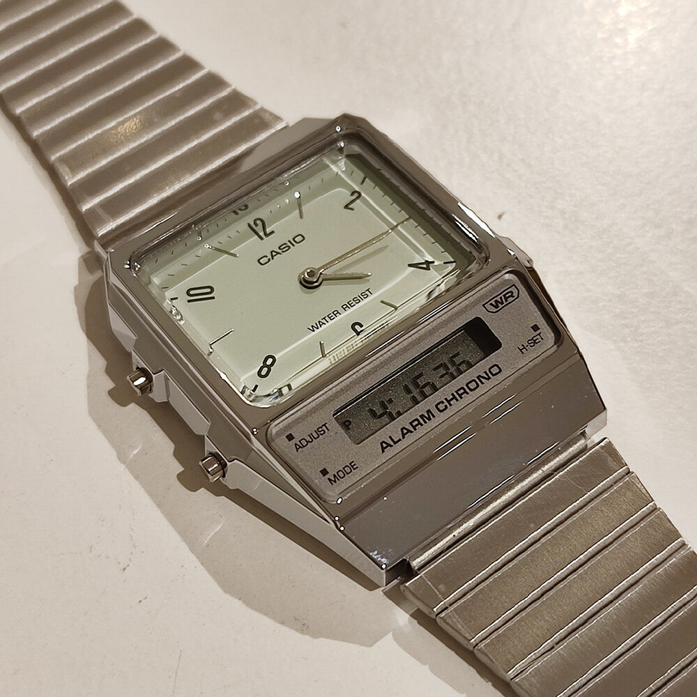 カシオ CASIO “CLASSIC” AQ-800E-3AJF シルバー×ミントグリーン国内正規品 レトロモダン 角型フォルム ..