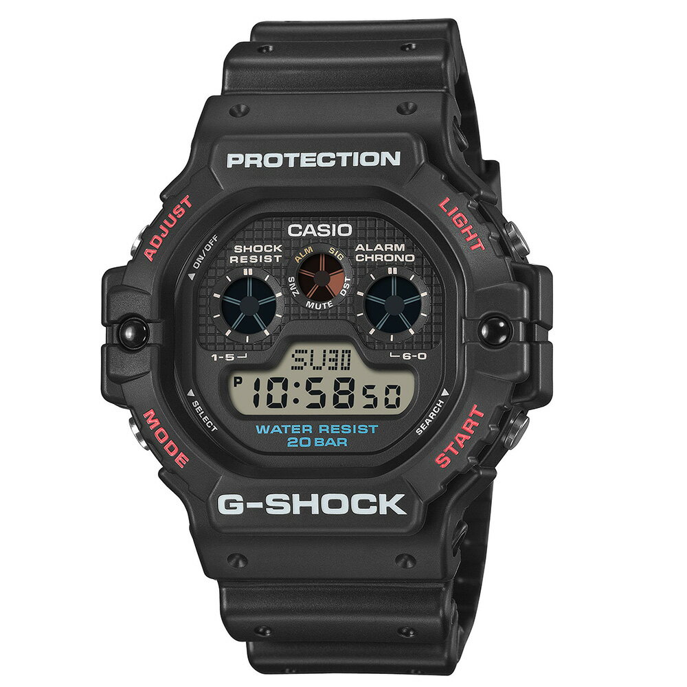 　1990年代に人気を博したクラシックG-SHOCKがマットな質感のオールブラックモデルとしてラインアップ ベースモデルはG-SHOCK初期のデジタルベーシックモデルで、従来の液晶搭載モデルと比べ斬新な3つのデジタルグラフィックを搭載し、まず海外で発売され世界的に人気を博し、逆輸入で日本でもブレイクしたDW-5900Cの復刻版オリジナルモデルです。（初代にはないELバックライトを搭載）ストリートからモード、スポーツシーンまで様々なスタイルに合う汎用性高いニュークラシックモデルです。 機能 ●無機ガラス ●耐衝撃構造（ショックレジスト） ●20気圧防水 ●ワールドタイム：世界48都市（29タイムゾーン）の時刻表示、サマータイム設定機能付き ●ストップウオッチ（1/100秒、60分計、スプリット付き） ●タイマー（セット単位：1分、最大セット：24時間、1秒単位で計測） ●時刻アラーム5本（1本のみスヌーズ機能付き）・時報 ●フルオートカレンダー ●12/24時間制表示切替 ●ELバックライト（残照機能付き） ●精度：平均月差±15秒 ●電池寿命約5年 ●EL：ブルーグリーン 付属 取り扱い説明書（保証書付）CASIO化粧箱 ケース・ベゼル・バンド樹脂 サイズ（H×W×D）51.4×46.8×15.5mm 重さ60g ◆ご購入時に内蔵されているのは、試用電池のため電池切れが早い場合がございます。 予めご了承下さい。 ＜保証につきまして＞ こちらの製品は、CASIO製品販売店におきまして、故障時の修理が受けられます。 保証につきましては、お買い上げ日より1年間有効。 保証規定以外の修理につきましては、有償での修理となります。 故障や修理のお問い合わせは、CASIO販売店もしくはCASIOテクノに直接ご連絡下さい。 （お問い合わせ先につきましては、保証書に記載してございますのでご確認下さい。） ※画面の色は、ブラウザや設定により実物と若干異なる場合があります。予めご了承の上、お買い求め下さい。　ご存知、世界に通用する日本の電子機器メーカーCASIO（カシオ）。これまで、「他には真似できない独創性」を追い求めて作り続けられた製品が数多く販売されてきた。CASIOといえば、時計以外にもデジカメ、電卓、電子楽器など幅広く展開されているが、特に若者を中心に幅広い層に受けたG-SHOCKやBaby-G、さらに高機能を備えたスタイリッシュなデータバンク、アクセサリー感覚で身に付けた金色のベーシックなデジタルウォッチは記憶に新しい。そんな人気ウォッチは、その時代を反映するように爆発的ヒットとなり、今もなお根強いファンに支えられている。 　CASIOでは、ここ数年、ファッション感覚で楽しむツールとしての「時計」を提案。セレクトSHOPや人気ブランドとの企画を打ち立て、時計をファッションの一部としてきた。今期は、人気ショップ等とのT-shirtsシリーズやフリーペーパー、各地でのイベントなどを積極的に活動中。 　毎朝、何気なく手に取る時計。気が付けば、いつも同じ物を身に付けていませんか？一生物の高価な腕時計では味わえない、毎日のコーディネイトに合わせた時計選びにぴったりですよ♪ 《CASIOの全商品を見る》