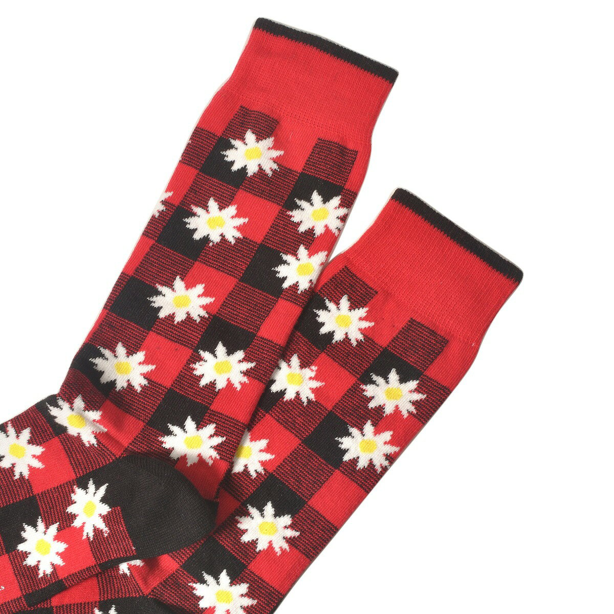 PHOTOGENIQUEのMark McNairy x DEMOCRATIQUE SOCKS　Buffalo Daisy Spring Red　“レッドバッファローチェック・デイジー” 　[デモクラティック コラボ　マークマクナイリー　メンズクルーソックス 靴下 北欧 チェック 花柄　]｜アングル3
