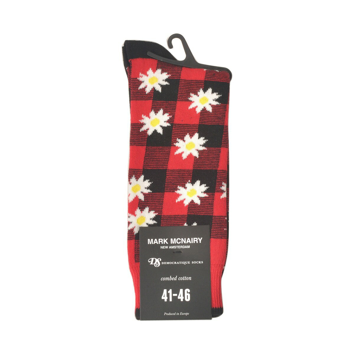 PHOTOGENIQUEのMark McNairy x DEMOCRATIQUE SOCKS　Buffalo Daisy Spring Red　“レッドバッファローチェック・デイジー” 　[デモクラティック コラボ　マークマクナイリー　メンズクルーソックス 靴下 北欧 チェック 花柄　]｜アングル2