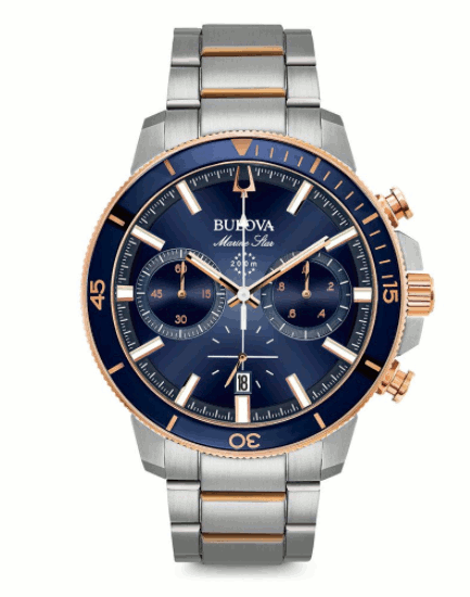 ブローバ ビジネス腕時計 メンズ 【ベルト調整無料】BULOVA 98B301 ブローバ マリンスター メンズ クロノグラフ ウォッチ 時計 ブルー コンビカラー 200m防水