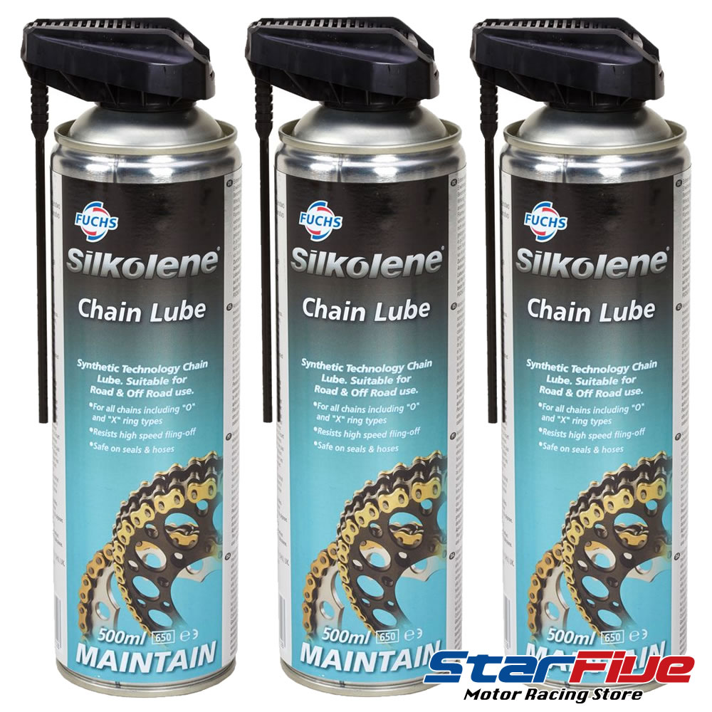 FUCHS Silkolene Chain Lube 500ml は、耐久性に優れたチェーンオイルです。 噴射後に時間が経つと強力なオイル膜を形成してショックや錆、水、汚れからチェーンとスプロケットを保護します。 もちろんシールチェーンにも対応しています。 ワンタッチで噴射ノズルを引き出せ、使い勝手も良いスプレータイプ。 ■メーカー：FUCHS（フックス） ■モデル　：Silkolene Chain Lube（シルコリン チェーンルブ） ■容量　　：500ml　×3本 ■用途　　：レーシングカートやバイクのチェーン/スプロケット部の潤滑保護 ■品番　　：SIL269485