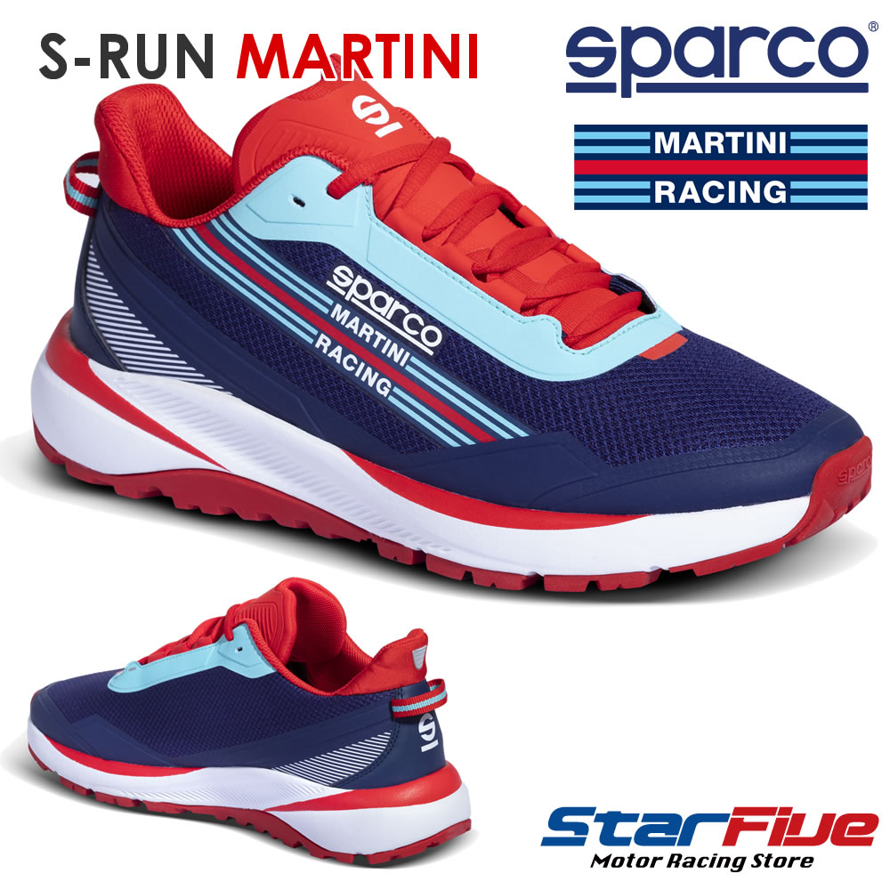 MARTINI RACINGデザイン＆SPARCO が融合したコラボレーションアイテム。 スパルコ ランニングシューズ S-RUN（エスラン）は、快適な履き心地のランニングスタイルスニーカーです。 通気性に優れたメッシュアッパーに反射インサートを備え、ラバー製ファイロンソールが最大限のグリップと安定性を提供します。 ■製品特徴 ・通気性の高いメッシュアッパーが蒸れや過度の温度上昇を抑制。 ・荒れた路面でも最大限のグリップ力と安定性を発揮するように設計されたアウトソール。 ・抗菌防臭効果のあるインソール搭載。長時間の着用時にもニオイを抑えます。 ・夜間のランニングや移動にも重宝する、視認性と安全性を向上させるインサートロゴ仕様。 ■こんな方にオススメです ・歩行や立ち仕事が多いメカニックやチームスタッフ ・通気性に優れたランニングシューズ/スニーカーをお求めの方 ・一体感のあるチームウェアの足元として 【商品仕様】 メーカー :Sparco（スパルコ） モデル　：MARTINI RACING S-RUN（エスラン） 型番　　：0012A5MR..BM 規格　　：非公認 備考　　：2023年発表モデル