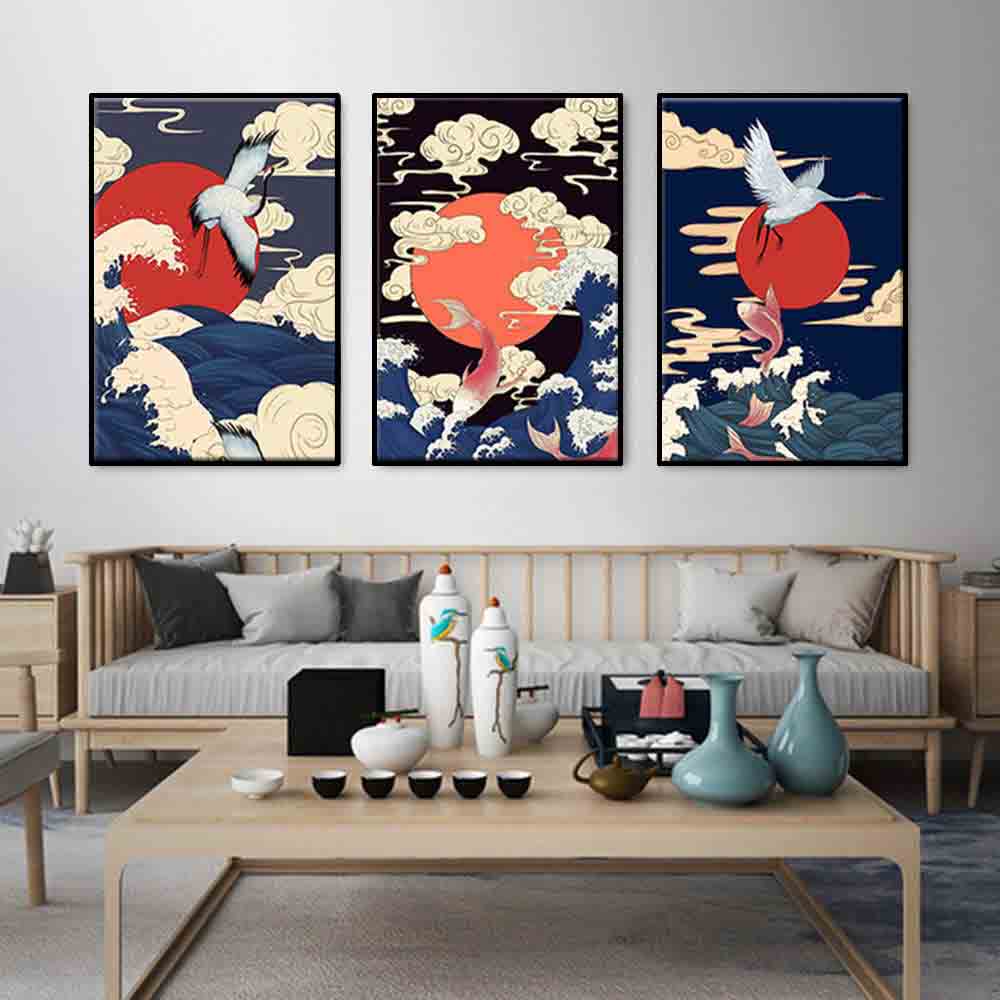Rakuten - 【6/4〜全品ポイント10倍！】ファブリック 3枚セット 和風 絵画 インテリア 絵 アートフレーム 鶴と日の出絵 鶴絵 人気30×40cm 壁掛け 壁絵 おしゃれ インテリアアート 玄関 リビング フレーム アートパネル リビング プレゼント モダン おしゃれ 飾る 送料無料