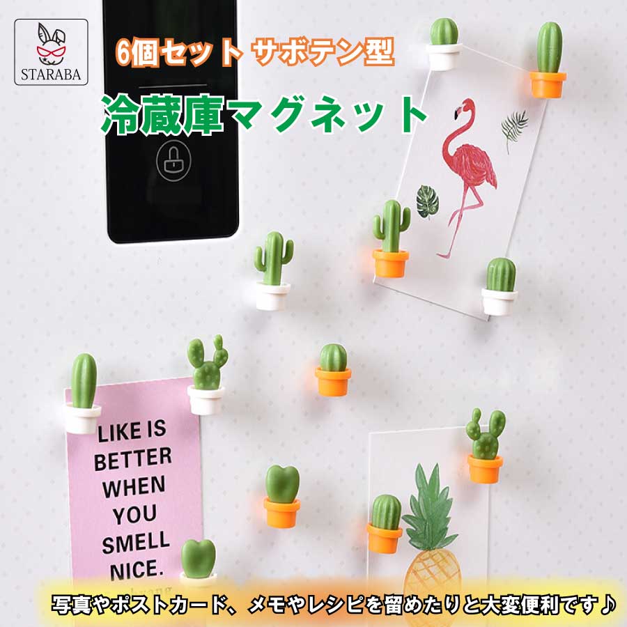 Rakuten - 【最大1,500円OFF クーポン】 6個セット 冷蔵庫マグネット 磁石デザイン サボテン 3D立体 キッチン ホワイトボード ホームデコ メッセージボード 文具 伝言 装飾 メール便 送料無料