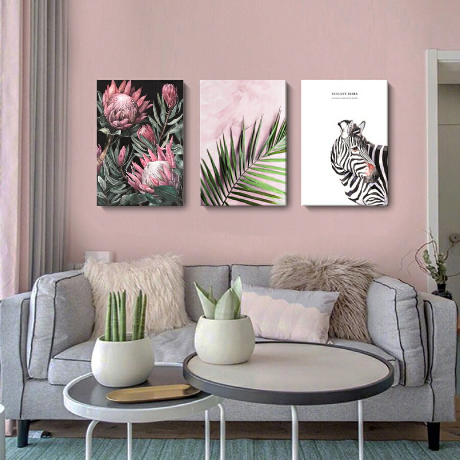 Rakuten - 【スーパーSALE★P10倍】 絵画 3枚セット インテリア ファブリック シマウマ 花 人気 植物 絵 40×30cm 装飾 パネル インテリア アートパネル 壁掛け 壁絵 ホテル 旅館 リビング プレゼント アートフレーム 送料無料