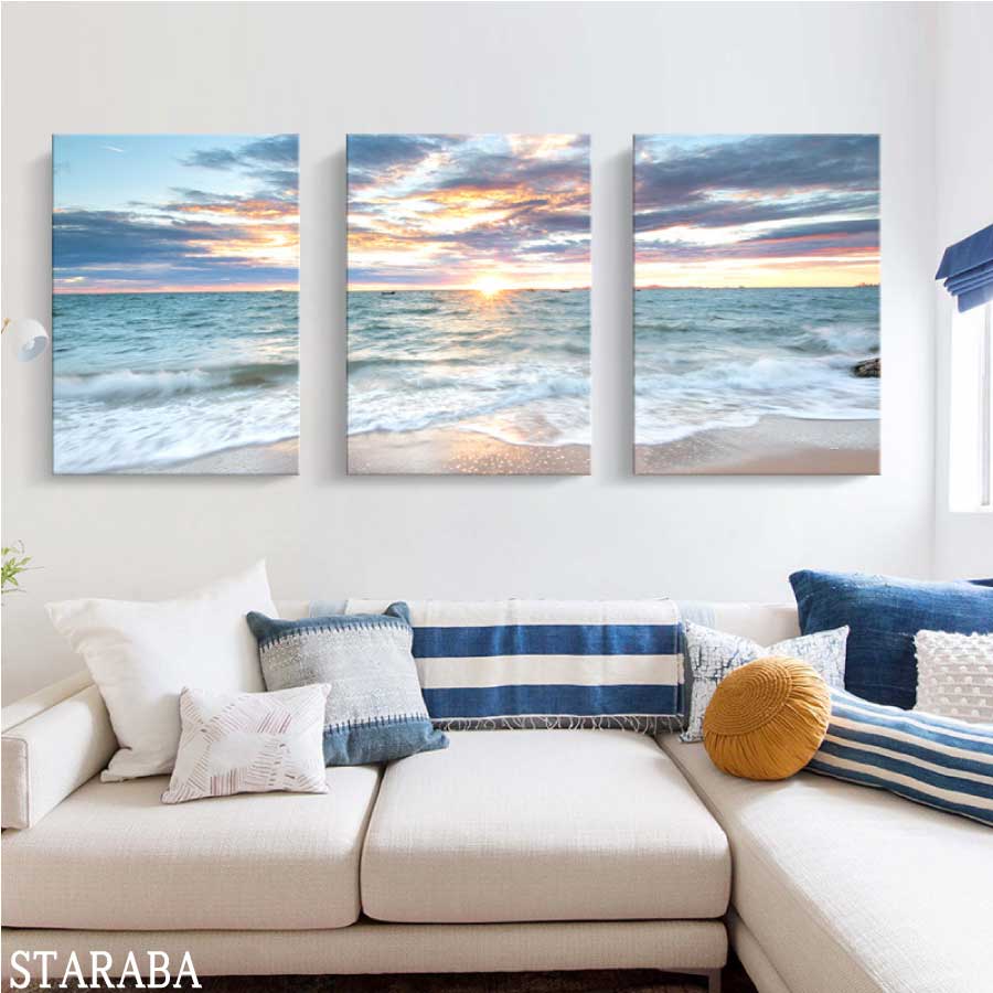 Rakuten - 3枚セット 絵画 風景 朝焼け 朝日 海 インテリア ファブリック 人気 絵 30×40cm 40×60cm オシャレ アートフレーム 壁掛け アートパネル リビング プレゼント 送料無料