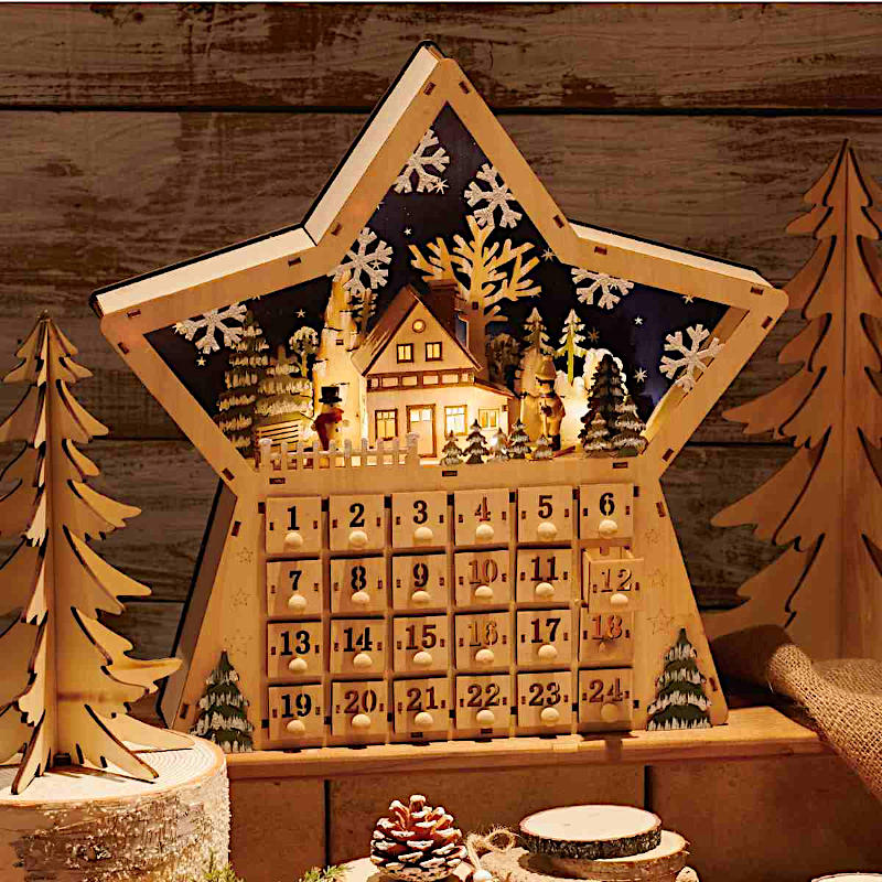 クリスマス 飾り calendar アドベントカレンダー [スター] [SE18-84-1] 高さ38cm [木製 ナチュラル ウッド 北欧 雑貨 置物 インテリア オブジェ パーティー グッズ 雪だるま トナカイ X'mas christmas]のサムネイル