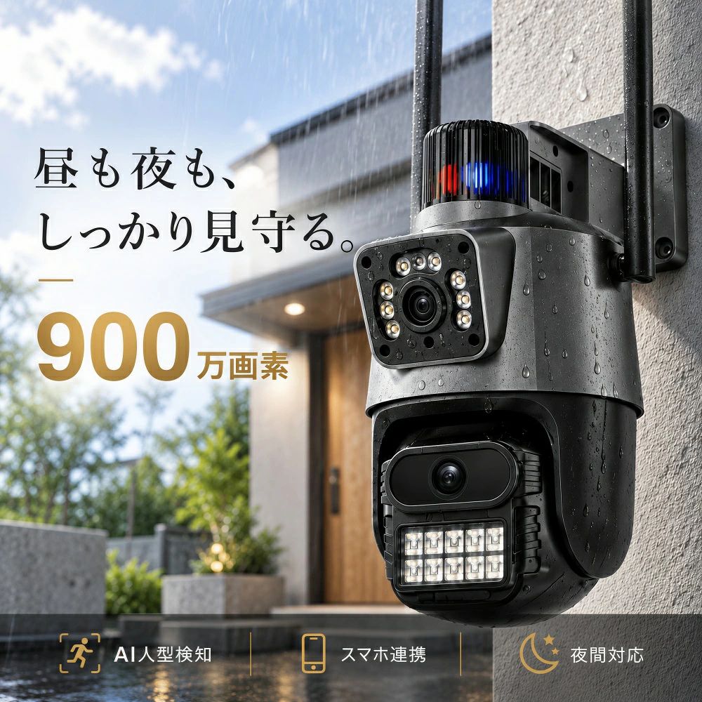【2026最新モデル】防犯カメラ 屋外 900万画素 デュアルレンズ AI人型検知 自動追...