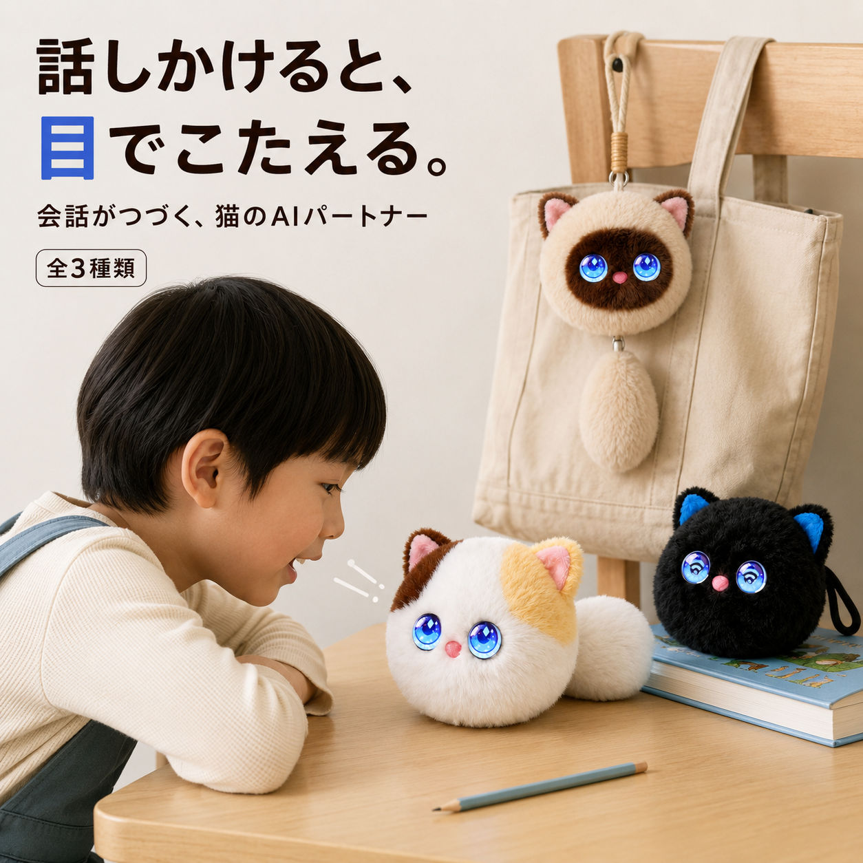 GPT大規模言語モデル搭載／全3種（シャム猫?三毛猫?黒猫） 話しかけると、目でこたえる。GPTによる会話を楽しむAIぬいぐるみ こんなお悩み、ありませんか？ ● 一人遊びの時間が多く、語りかけが足りているか不安…● 知育おもちゃはすぐに飽きられてしまう…● スマホやタブレットに頼りすぎたくない… ★ 目が感情を語る、世界に類のないAI対話体験 最新のGPT大規模言語モデルを搭載（特点）。話しかけるたびに文脈を理解して自然に受け答えし、瞳の中にハート?怒りの炎?めまい?星といった表情アイコンで気持ちを返してくれます（優勢）。「言葉だけでなく、目でも気持ちが通じ合っている」――そんな実感が、ただのぬいぐるみでは得られない深い愛着を育てます（利益）。※表情アイコンの見え方は実際の商品と多少異なる場合があります ★ 66ヶ国語対応＋リアルタイム検索で、家庭に百科事典を 66ヶ国語対応、さらにプロンプト設定でキャラクターの背景?性格?話し方まで自由にカスタマイズ可能（特点）。「やさしい英語の先生」に設定すれば英会話パートナーに、恐竜やお天気のことを聞けばインターネット検索で最新の正確な情報を教えてくれます（優勢）。遊びながら英語力?語彙力?自分の考えを言葉にする力が自然に育ち、知育玩具としても長く活躍します（利益）。 ★ 見守りアプリ＋記憶機能で、成長する相棒に 専用のTuya Smartアプリ（Google Play／App Storeで無料DL）で会話記録をいつでも確認可能（特点）。目を離す時間があっても、どんな会話をしているか保護者の方が安心して見守れます（優勢）。さらに長く対話を重ねるほどお子さまの好みや話し方を覚えていくので、日を追うごとに「もっと自分をわかってくれる」相棒に育っていきます（利益）。 ★ なでると反応／音色4種／起動もかんたん 頭をなでると嬉しそうな声で反応するタッチセンサーを搭載。声のトーンは4種類から選べ、右目下の起動ボタン、または「ヘイ?トゥーヤ（Hey, Tuya）」「ハロー?トゥーヤ（Hello, Tuya）」の呼びかけで起動できます。音量調整?話速調整?言語切替?表情のオンオフもすべて音声コマンドで操作可能です。 こんなシーンで大活躍 カラビナ付きストラップで通学カバンやリュックに取り付けて一緒にお出かけ／宿題や自由研究の調べもの中に百科事典代わりに／寝る前のちょっとした語りかけタイムに／お誕生日?入園入学祝い?出産祝いのギフトに――キーホルダーサイズだから、いつでもどこでも一緒に連れて行けます。 選ばれる理由 一般的な「しゃべるだけ」のAIぬいぐるみと違い、本商品は目の表情での感情表現とキーホルダーとして持ち運べるサイズ感という2つの独自性を兼ね備えています。GPT大規模言語モデルによる自然な会話に加え、PSE認証済み?1年メーカー保証で安心してお使いいただけます。 商品スペック カラー／種類 シャム猫／三毛猫／黒猫　全3種 素材 表地：ポリエステル100%／中綿：PP綿 バッテリー 1000mAh／Type-C充電 通信／アプリ Wi-Fi（2.4GHz専用）／Tuya Smartアプリ連携 AIモデル GPT大規模言語モデル対応 対応言語 66ヶ国語設定可能 起動方法 本体ボタン／音声起動（ヘイ?トゥーヤ、ハロー?トゥーヤ） 認証／保証 PSE認証済み／1年メーカー保証 よくあるご質問 Q. 月額料金はかかりますか？A. 基本のAI対話機能は月額不要でお使いいただけます。 Q. どんなWi-Fi環境が必要ですか？A. 2.4GHz帯のWi-Fiに対応しています（5GHz帯には非対応）。多くのご家庭のWi-Fiルーターは2.4Gにも対応しておりますのでご確認ください。 Q. 子どもとの会話内容は保護者が確認できますか？A. 専用のTuya Smartアプリから会話記録をいつでもご確認いただけます。見守り機能として活用できます。 Q. キャラクターの名前や性格は変更できますか？A. アプリのプロンプト設定から、名前?アイコン?性格?話し方などを自由にカスタマイズいただけます。 ◎ PSE認証済み／1年メーカー保証／日本語取扱説明書付き／ギフトラッピング対応 お子さまの「話したい」気持ちに、AIぬいぐるみが寄り添います。 お探しの方はこちら → AIぬいぐるみ ／ AIぬいぐるみ キーホルダー ／ 電子ペット 猫 ／ 知育玩具 英語学習 ／ 会話ロボット ぬいぐるみ メーカー希望小売価格はメーカーサイトに基づいて掲載しています メーカー希望小売価格はメーカーサイトに基づいて掲載しています メーカー希望小売価格はメーカーサイトに基づいて掲載しています