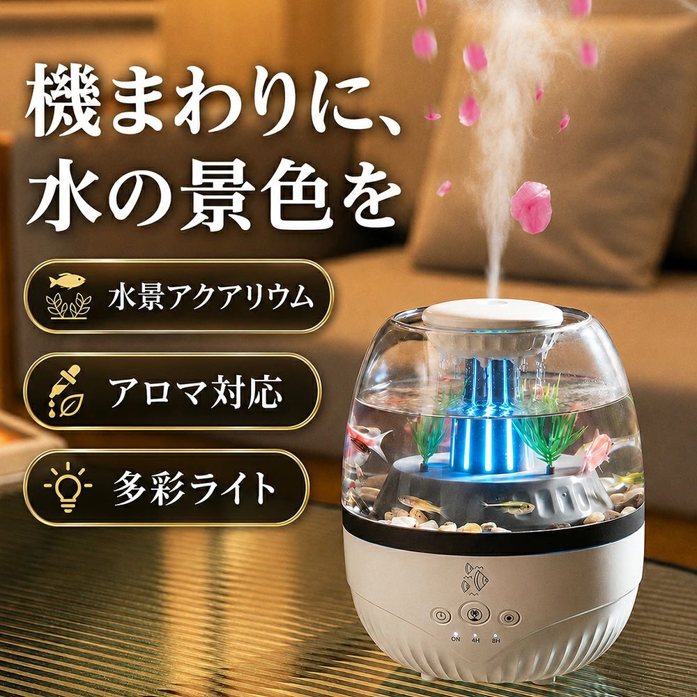 ＼ 水景・加湿・アロマ・ライトを、これ一台に ／机の上に置いた瞬間、ただの加湿器ではなく「動く水のインテリア」へ。透明ドームの中を雨だれのように水が循環。細かなミストで潤いを届けながら、お好みのアロマ1～2滴と、多彩なグラデーションライトも楽しめます。◎ 独立2タンク構造アロマ・加湿用の水と水景側の水を分離。精油が水景側に混ざらず、香りと水景をそれぞれ楽しめる設計です。◎ 350mLタンク・約8時間ミスト量10～20mL/h。デスクワークや自宅時間に使いやすい連続運転設計です。※使用環境により異なります。◎ 4H／8Hタイマー・独立3ボタンタイマー・ミスト・ライトを個別操作。必要な機能だけ選べます。◎ 静かな運転・水切れ自動停止運転音は約36dB以下。水がなくなると自動停止する保護機能を搭載。◎ Type-C給電＆コンパクト約160×160×188mm、約680g。オフィス、書斎、ベッドサイドなどに置きやすいサイズです。※魚・水草・小石・精油は付属しません。付属品：本体、Type-C給電ケーブル、取扱説明書。※精油は適量をご使用ください。※本品は医療機器ではありません。DESKTOP AQUA HUMIDIFIER机まわりに、小さな水の景色を。循環する水景・ミスト加湿・アロマ・多彩ライトを、ひとつの卓上サイズに。エアコンの部屋、乾燥も机の単調さも気になりませんか？ただ潤すだけでは、少し物足りない。透明ドームの中を水がめぐり、細かなミストが立ち上がり、ブルー・グリーン・パープル系の光が水に溶け込む。本品は、実用性と眺める楽しさを一台にまとめたデスクトップ加湿器です。オフィス、書斎、ベッドサイドなど、限られたスペースにも置きやすい約16cm角のコンパクト設計です。★ POINT 1｜透明ドームに、循環する水景中央の循環タワーから雨だれのように水が流れ、ドーム内に動きのある水景をつくります。循環水はフィルターを通る構造で、浮遊する一部の汚れをキャッチ。静かなデスクに「動く水」の表情が加わるため、一般的な加湿器とはひと味違う存在感を楽しめます。※フィルターは定期的なお手入れ・交換が必要です。★ POINT 2｜香りと水景を分ける、独立2タンクアロマ・加湿用の水と、水景側の水を分けた上下独立構造。香りを楽しむための精油が水景側に混ざらず、それぞれを分けて使えるのが大きな特長です。お好みの一般精油・水溶性アロマを1～2滴の目安で加えれば、ミストとともに香りのある空間づくりができます。※精油は付属しません。適量をご使用ください。★ POINT 3｜10～20mL/hの細かなミスト、約8時間加湿タンク容量は350mL。ミスト量は10～20mL/hで、連続運転の目安は約8時間です。デスクワーク中や自宅でのひとときに、こまめな給水の手間を抑えながら使えます。※運転時間は使用環境により異なります。★ POINT 4｜光を選んで、水景の表情を変えるグリーン・ブルー・パープル系の多彩なグラデーションライトを搭載。透明な水と光が重なり、昼は清潔感のあるデスクアクセントに、夜は水景の存在感を引き立てるライトとして楽しめます。ライトはミストとは別に操作できます。★ POINT 5｜4H/8Hタイマー＆3ボタン独立操作タイマー・ミスト・ライトを本体前面の3つのタッチボタンで操作。4時間／8時間のタイマー設定に対応し、必要な機能だけを選んで使えます。水がなくなると運転を自動停止する保護機能も搭載。運転音は約36dB以下の静かな設計です。★ POINT 6｜広口で、給水もお手入れもスムーズ水景タンクは中に手を入れやすい広口設計。水を注ぐ、内側を拭くといった日常のお手入れがしやすく、底面にはシリコン製すべり止めを備えています。給電はType-C、DC5V・2Aの給電式です。商品仕様サイズ：約160×160×188mm重量：約680g材質：ABS＋PC加湿タンク：350mLミスト量：10～20mL/h連続運転：約8時間タイマー：4H／8H給電：Type-C・DC5V／2A（給電式）運転音：約36dB以下安全機能：水切れ時自動停止よくあるご質問Q. 魚や水草、石、精油は付属しますか？A. 付属しません。商品に含まれるのは本体・Type-C給電ケーブル・取扱説明書です。Q. アロマの水と水景の水は混ざりますか？A. 上下の独立2タンク構造で、それぞれを分けて使用する設計です。Q. ライトだけ、ミストだけでも使えますか？A. タイマー・ミスト・ライトは独立ボタンで操作できます。Q. 水がなくなった場合は？A. 水切れを検知すると運転を自動停止します。ご購入前にご確認ください※魚・水草・小石・精油は付属しません。掲載イメージ内の装飾物は演出です。※本品は医療機器ではありません。※精油は1～2滴を目安に適量をご使用ください。※フィルターは定期的にお手入れ・交換してください。※数値は目安であり、使用環境により異なる場合があります。＼ 水景・加湿・アロマ・ライトを、これ一台に ／机の上に置いた瞬間、ただの加湿器ではなく「動く水のインテリア」へ。透明ドームの中を雨だれのように水が循環。細かなミストで潤いを届けながら、お好みのアロマ1～2滴と、多彩なグラデーションライトも楽しめます。◎ 独立2タンク構造アロマ・加湿用の水と水景側の水を分離。精油が水景側に混ざらず、香りと水景をそれぞれ楽しめる設計です。◎ 350mLタンク・約8時間ミスト量10～20mL/h。デスクワークや自宅時間に使いやすい連続運転設計です。※使用環境により異なります。◎ 4H／8Hタイマー・独立3ボタンタイマー・ミスト・ライトを個別操作。必要な機能だけ選べます。◎ 静かな運転・水切れ自動停止運転音は約36dB以下。水がなくなると自動停止する保護機能を搭載。◎ Type-C給電＆コンパクト約160×160×188mm、約680g。オフィス、書斎、ベッドサイドなどに置きやすいサイズです。※魚・水草・小石・精油は付属しません。付属品：本体、Type-C給電ケーブル、取扱説明書。※精油は適量をご使用ください。※本品は医療機器ではありません。