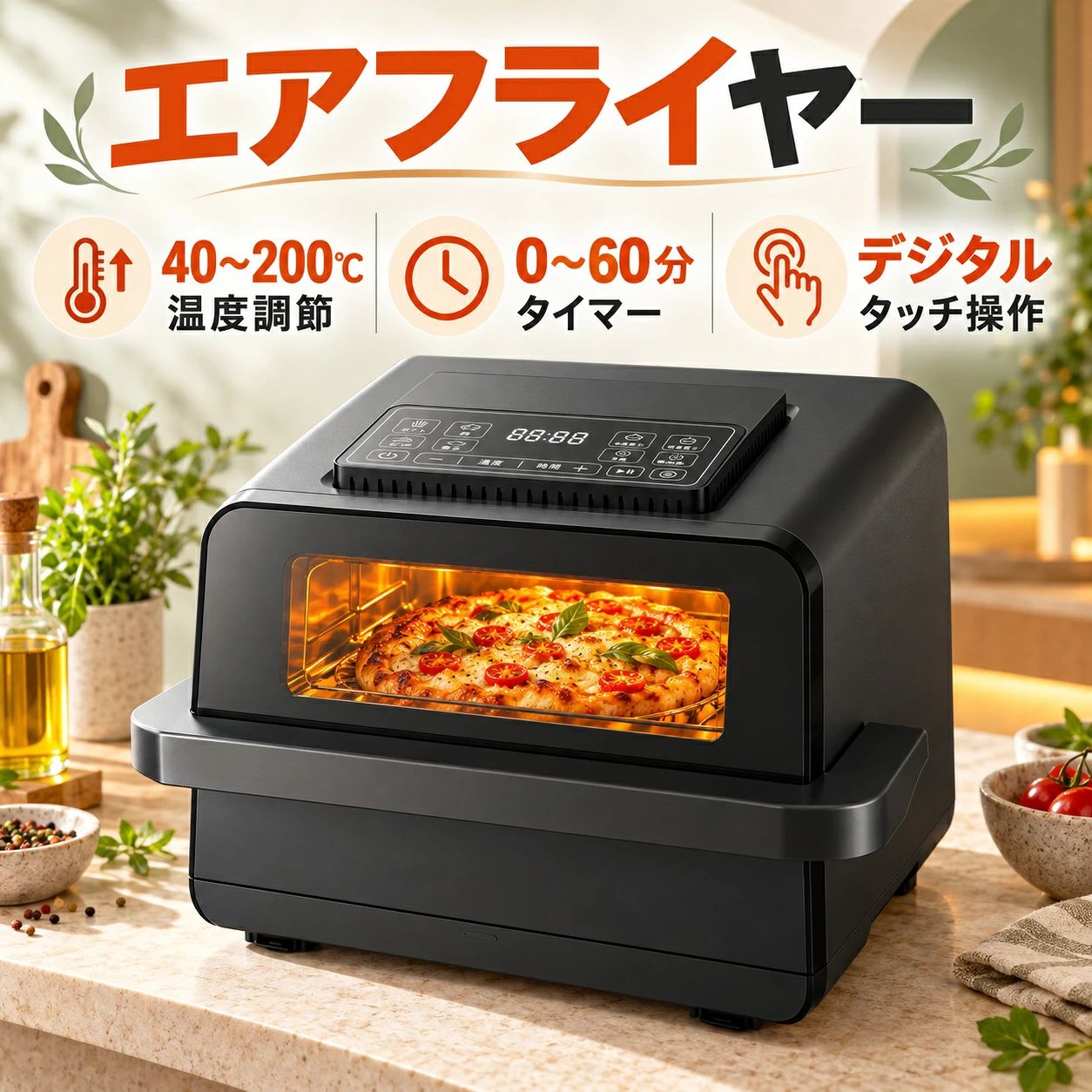 ピザオーブン コンベクションオーブン ノンフライヤー 家庭用 大容量 窓付き ピザベイク エアフライ 上下加熱 熱風循環 焼き色を確認 デジタルタッチパネル 温度調節 タイマー プリセットメニュー 保温 再加熱 ノンスティック加工 前面アクセス 揚げ油を使わない調理 黒色