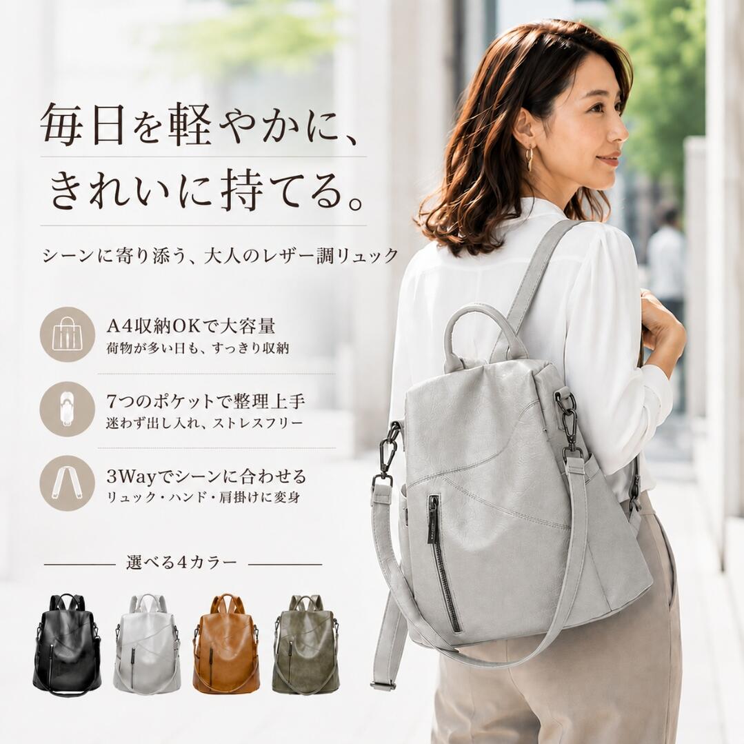 商品情報 おすすめポイント 　厳選した高品質PUレザーを使用したレディース ショルダーバッグ 。本革に負けず劣らずの品質・質感で手ざわりも快適。耐久性、撥水性にも優れており長期間ご愛用いただける 小さめ の レディースバッグ です。 【収納力抜群の7ポケット】 　前面1、左側面2、右側面2、内面2の計7ポケットを搭載。荷物の整理がとてもしやすくバッグの中をスッキリ収納できます。? 左右の側面ポケットには折りたたみ傘や500mlペットボトルなど、収納する際に便利なフリーポケットを取り付けました。 【シーンに合わせて 3way 】 　その日の気分やシーンに合わせて使い分け。?ショルダー・肩がけ、リュック、手さげの 3way スタイルで利用できるので通勤時のビジネス バッグパックとして、そして 通学 にも使えます。 【 防犯 対策もバッチリ】 　メインポケットは背面側に取り付けています。? 混雑した電車の中や人混みでも貴重品などの大事な荷物を守れます。 仕様 ・素　材：高品質PUレザー（撥水加工） ・サイズ：横幅 31cm×高さ 32cm×マチ 16cm ・重　さ：ふんわり軽い約780g ご購入前に必ずご確認ください 　当店での注文確認後、すぐに発送手続きに入るため、キャンセルや配送先の変更等はできません。注文内容、配送先住所にお間違いがないか必ずご確認ください。 　掲載している画像について、お客様のモニターの発色や照明などにより実物と色が異なって見える場合がございます。 　素材の特質上、梱包によるしわがある場合がございます。商品到着時に、撥水生地特有のニオイがある場合がございます。 関連ワード リュック レディース リュックサック バッグパック 防水 かわいい マルチバッグ 黒 ブラック かばん 鞄 カバン 学生 大学生 女子高生 高校生 ママバッグ OL リモートワーク 在宅勤務 通学リュック 人気 ノートPC PC 旅行 海外旅行 旅行バッグ 大人 大人可愛い バックパック ビジネスバッグ ビジネスリュック backpack お洒落 な リュック 女性 通勤リュック スポーツジム レッスン ブランド かばん女性用 大人女子 大容量 マザーズバッグ 軽量 軽い 多機能 PUレザー フェイクレザー ソフトレザー