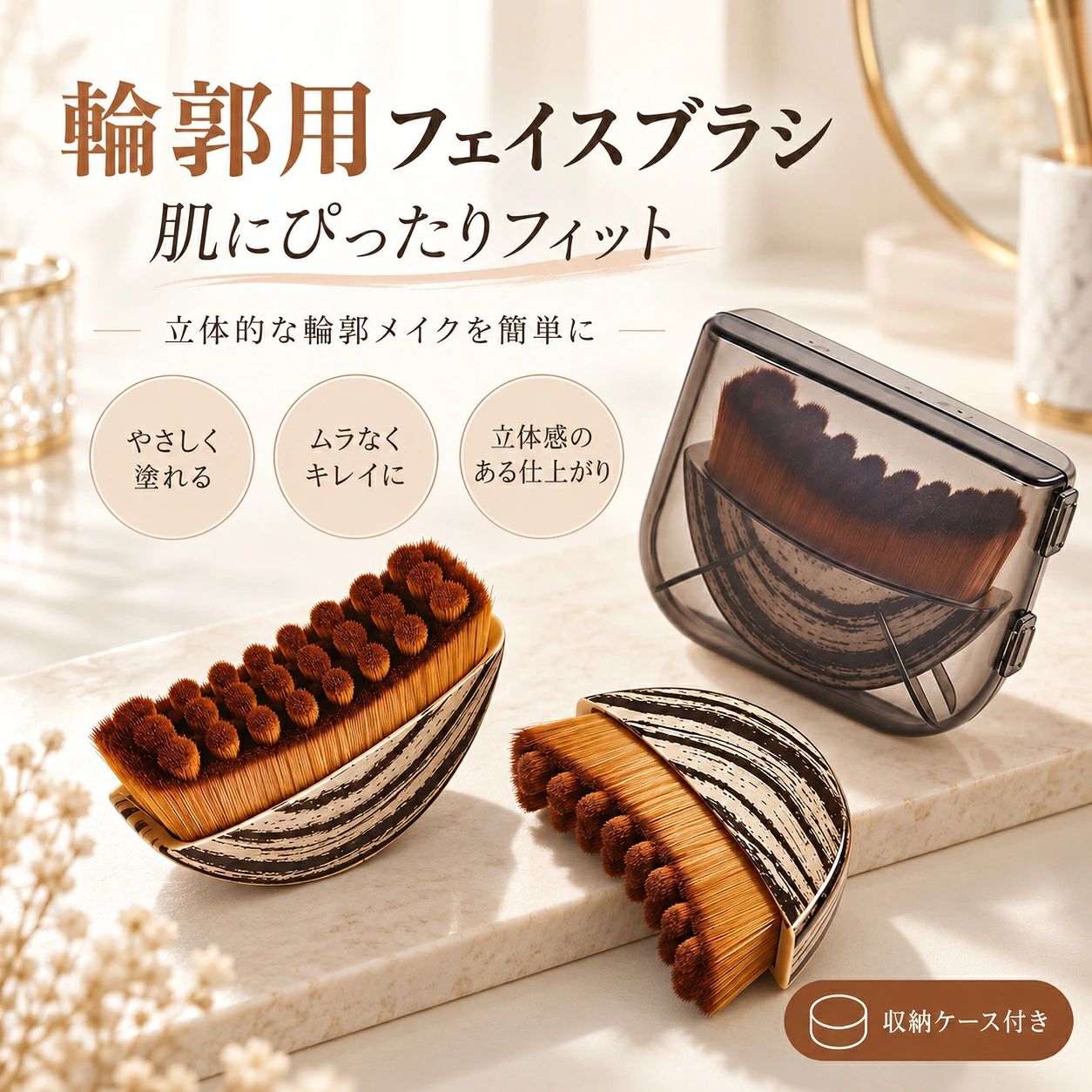 月牙型フェイスブラシ 輪郭ケアブラシ 高密度やわらか毛 カーブデザイン 収納ケース付き フェイスケア スキンケア用品フェイスラインやあごまわりのケアに取り入れやすい、月牙型カーブデザインの輪郭用フェイスブラシです。顔の曲線に沿いやすいカーブ形状を採用し、フェイスラインや首まわりなどへブラシを当てやすい設計になっています。広い範囲へ均一にブラシを当てやすく、毎日のセルフケア用品として使用しやすいアイテムです。ブラシ部分にはやわらかな高密度繊維毛を採用。細かな毛が密集したなめらかな質感で、肌へやさしくフィットしやすく、心地よい使用感を楽しめます。手のひらに収まりやすいコンパクトなカーブデザインで、握りやすく扱いやすい仕様。フェイスライン、あごまわり、首まわりなど、気になる部分へ沿わせながらやさしく使用できます。専用収納ケース付きで、使用後の保管や旅行出張などの持ち運びにも便利な美容ケアアイテムです。製品仕様商品名：輪郭用フェイスブラシ素材：ABS / 高品質繊維毛タイプ：大サイズ / 小サイズサイズ：大サイズ：ブラシ 約7.8×5.8×2cm / 収納ケース 約8.4×6.4×2.8cm小サイズ：ブラシ 約7.2×5.6×1.5cm / 収納ケース 約8.4×6.4×2.1cm仕様：月牙型カーブデザイン / 高密度ブラシ毛 / 専用収納ケース付き用途：フェイスライン / 首まわり / あごまわりなどのケアセット内容：フェイスブラシ×1 / 専用収納ケース×1商品のおすすめポイントPOINT.1：フェイスラインに沿いやすい月牙型カーブ設計顔の曲線を考えた月牙型カーブ形状で、フェイスラインやあごまわりへブラシを当てやすいデザインです。肌に沿わせながら、毎日のセルフケアに取り入れやすい仕様です。POINT.2：やわらかな高密度ブラシ毛細かな繊維毛を密集させたブラシ部分を採用。なめらかな肌あたりで、フェイスラインを包み込むように使用しやすいブラシです。POINT.3：フェイスケアやスキンケアに活用フェイスライン、あごまわり、首まわりなどに使用できます。乳液や美容液など、普段のスキンケアと合わせて取り入れたい方にもおすすめです。POINT.4：握りやすいコンパクトデザイン手のひらに収まりやすいカーブ形状で、持ちやすく操作しやすい設計です。洗面台やドレッサーでも場所を取りにくいサイズ感です。POINT.5：専用収納ケース付き専用ケースが付属しているため、使用後の収納にも便利です。バッグやポーチにも入れやすく、旅行や出張時の持ち運びにも適しています。POINT.6：選べる2サイズ展開大サイズと小サイズの2種類をご用意。使用感や持ち運び頻度など、好みに合わせて選択できます。POINT.7：毎日の美容習慣に取り入れやすいシンプルなブラシタイプで、自宅でのフェイスケアやリラックスタイムなど、日々の美容習慣をサポートします。検索キーワードフェイスブラシ 輪郭ブラシ フェイスラインケア 美容ブラシ マッサージブラシ カーブブラシ 月牙型ブラシ スキンケア用品 顔用ブラシ 首ケア 美容グッズ セルフケア 旅行用美容用品注意事項本商品はフェイスラインなどのケアを目的とした美容ブラシです。医療機器や治療を目的とした商品ではありません。使用時は肌へ強く押し付けたり、強くこすったりしないでください。肌の状態を確認しながら、やさしい力でご使用ください。肌に傷、湿疹、赤み、腫れなどの異常がある場合は使用をお控えください。ブラシ部分は清潔な状態で使用してください。使用後は汚れを落とし、十分に乾燥させてから保管してください。本体やブラシを強く引っ張ったり、無理な力を加えたりすると破損の原因となる場合があります。サイズは手作業による測定のため、多少の誤差が生じる場合があります。製造時期や生産ロットにより、色味や細部の仕様に多少の個体差が生じる場合があります。商品画像は撮影環境、照明、ご使用のモニター設定などにより、実際の商品と色味が異なって見える場合があります。月牙型フェイスブラシ 輪郭ケアブラシ 高密度やわらか毛 カーブデザイン 収納ケース付き フェイスケア スキンケア用品フェイスラインやあごまわりのケアに取り入れやすい、月牙型カーブデザインの輪郭用フェイスブラシです。顔の曲線に沿いやすいカーブ形状を採用し、フェイスラインや首まわりなどへブラシを当てやすい設計になっています。広い範囲へ均一にブラシを当てやすく、毎日のセルフケア用品として使用しやすいアイテムです。ブラシ部分にはやわらかな高密度繊維毛を採用。細かな毛が密集したなめらかな質感で、肌へやさしくフィットしやすく、心地よい使用感を楽しめます。手のひらに収まりやすいコンパクトなカーブデザインで、握りやすく扱いやすい仕様。フェイスライン、あごまわり、首まわりなど、気になる部分へ沿わせながらやさしく使用できます。専用収納ケース付きで、使用後の保管や旅行出張などの持ち運びにも便利な美容ケアアイテムです。製品仕様商品名：輪郭用フェイスブラシ素材：ABS / 高品質繊維毛タイプ：大サイズ / 小サイズサイズ：大サイズ：ブラシ 約7.8×5.8×2cm / 収納ケース 約8.4×6.4×2.8cm小サイズ：ブラシ 約7.2×5.6×1.5cm / 収納ケース 約8.4×6.4×2.1cm仕様：月牙型カーブデザイン / 高密度ブラシ毛 / 専用収納ケース付き用途：フェイスライン / 首まわり / あごまわりなどのケアセット内容：フェイスブラシ×1 / 専用収納ケース×1商品のおすすめポイントPOINT.1：フェイスラインに沿いやすい月牙型カーブ設計顔の曲線を考えた月牙型カーブ形状で、フェイスラインやあごまわりへブラシを当てやすいデザインです。肌に沿わせながら、毎日のセルフケアに取り入れやすい仕様です。POINT.2：やわらかな高密度ブラシ毛細かな繊維毛を密集させたブラシ部分を採用。なめらかな肌あたりで、フェイスラインを包み込むように使用しやすいブラシです。POINT.3：フェイスケアやスキンケアに活用フェイスライン、あごまわり、首まわりなどに使用できます。乳液や美容液など、普段のスキンケアと合わせて取り入れたい方にもおすすめです。POINT.4：握りやすいコンパクトデザイン手のひらに収まりやすいカーブ形状で、持ちやすく操作しやすい設計です。洗面台やドレッサーでも場所を取りにくいサイズ感です。POINT.5：専用収納ケース付き専用ケースが付属しているため、使用後の収納にも便利です。バッグやポーチにも入れやすく、旅行や出張時の持ち運びにも適しています。POINT.6：選べる2サイズ展開大サイズと小サイズの2種類をご用意。使用感や持ち運び頻度など、好みに合わせて選択できます。POINT.7：毎日の美容習慣に取り入れやすいシンプルなブラシタイプで、自宅でのフェイスケアやリラックスタイムなど、日々の美容習慣をサポートします。検索キーワードフェイスブラシ 輪郭ブラシ フェイスラインケア 美容ブラシ マッサージブラシ カーブブラシ 月牙型ブラシ スキンケア用品 顔用ブラシ 首ケア 美容グッズ セルフケア 旅行用美容用品注意事項本商品はフェイスラインなどのケアを目的とした美容ブラシです。医療機器や治療を目的とした商品ではありません。使用時は肌へ強く押し付けたり、強くこすったりしないでください。肌の状態を確認しながら、やさしい力でご使用ください。肌に傷、湿疹、赤み、腫れなどの異常がある場合は使用をお控えください。ブラシ部分は清潔な状態で使用してください。使用後は汚れを落とし、十分に乾燥させてから保管してください。本体やブラシを強く引っ張ったり、無理な力を加えたりすると破損の原因となる場合があります。サイズは手作業による測定のため、多少の誤差が生じる場合があります。製造時期や生産ロットにより、色味や細部の仕様に多少の個体差が生じる場合があります。商品画像は撮影環境、照明、ご使用のモニター設定などにより、実際の商品と色味が異なって見える場合があります。月牙型フェイスブラシ 輪郭ケアブラシ 高密度やわらか毛 カーブデザイン 収納ケース付き フェイスケア スキンケア用品フェイスラインやあごまわりのケアに取り入れやすい、月牙型カーブデザインの輪郭用フェイスブラシです。顔の曲線に沿いやすいカーブ形状を採用し、フェイスラインや首まわりなどへブラシを当てやすい設計になっています。広い範囲へ均一にブラシを当てやすく、毎日のセルフケア用品として使用しやすいアイテムです。ブラシ部分にはやわらかな高密度繊維毛を採用。細かな毛が密集したなめらかな質感で、肌へやさしくフィットしやすく、心地よい使用感を楽しめます。手のひらに収まりやすいコンパクトなカーブデザインで、握りやすく扱いやすい仕様。フェイスライン、あごまわり、首まわりなど、気になる部分へ沿わせながらやさしく使用できます。専用収納ケース付きで、使用後の保管や旅行出張などの持ち運びにも便利な美容ケアアイテムです。製品仕様商品名：輪郭用フェイスブラシ素材：ABS / 高品質繊維毛タイプ：大サイズ / 小サイズサイズ：大サイズ：ブラシ 約7.8×5.8×2cm / 収納ケース 約8.4×6.4×2.8cm小サイズ：ブラシ 約7.2×5.6×1.5cm / 収納ケース 約8.4×6.4×2.1cm仕様：月牙型カーブデザイン / 高密度ブラシ毛 / 専用収納ケース付き用途：フェイスライン / 首まわり / あごまわりなどのケアセット内容：フェイスブラシ×1 / 専用収納ケース×1商品のおすすめポイントPOINT.1：フェイスラインに沿いやすい月牙型カーブ設計顔の曲線を考えた月牙型カーブ形状で、フェイスラインやあごまわりへブラシを当てやすいデザインです。肌に沿わせながら、毎日のセルフケアに取り入れやすい仕様です。POINT.2：やわらかな高密度ブラシ毛細かな繊維毛を密集させたブラシ部分を採用。なめらかな肌あたりで、フェイスラインを包み込むように使用しやすいブラシです。POINT.3：フェイスケアやスキンケアに活用フェイスライン、あごまわり、首まわりなどに使用できます。乳液や美容液など、普段のスキンケアと合わせて取り入れたい方にもおすすめです。POINT.4：握りやすいコンパクトデザイン手のひらに収まりやすいカーブ形状で、持ちやすく操作しやすい設計です。洗面台やドレッサーでも場所を取りにくいサイズ感です。POINT.5：専用収納ケース付き専用ケースが付属しているため、使用後の収納にも便利です。バッグやポーチにも入れやすく、旅行や出張時の持ち運びにも適しています。POINT.6：選べる2サイズ展開大サイズと小サイズの2種類をご用意。使用感や持ち運び頻度など、好みに合わせて選択できます。POINT.7：毎日の美容習慣に取り入れやすいシンプルなブラシタイプで、自宅でのフェイスケアやリラックスタイムなど、日々の美容習慣をサポートします。検索キーワードフェイスブラシ 輪郭ブラシ フェイスラインケア 美容ブラシ マッサージブラシ カーブブラシ 月牙型ブラシ スキンケア用品 顔用ブラシ 首ケア 美容グッズ セルフケア 旅行用美容用品注意事項本商品はフェイスラインなどのケアを目的とした美容ブラシです。医療機器や治療を目的とした商品ではありません。使用時は肌へ強く押し付けたり、強くこすったりしないでください。肌の状態を確認しながら、やさしい力でご使用ください。肌に傷、湿疹、赤み、腫れなどの異常がある場合は使用をお控えください。ブラシ部分は清潔な状態で使用してください。使用後は汚れを落とし、十分に乾燥させてから保管してください。本体やブラシを強く引っ張ったり、無理な力を加えたりすると破損の原因となる場合があります。サイズは手作業による測定のため、多少の誤差が生じる場合があります。製造時期や生産ロットにより、色味や細部の仕様に多少の個体差が生じる場合があります。商品画像は撮影環境、照明、ご使用のモニター設定などにより、実際の商品と色味が異なって見える場合があります。