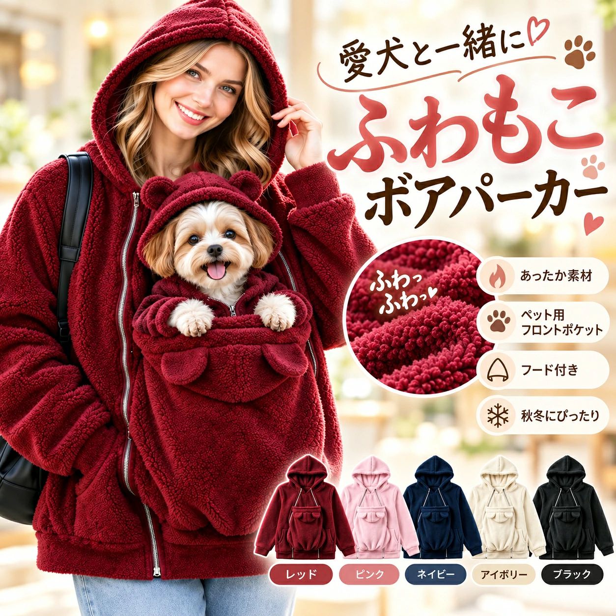 ペット抱っこパーカー 犬 抱っこ服 ペット抱っこバッグ 犬用抱っこポケット付きパーカー ボアパーカー レディース ふわふわ 裏ボア フード付き 前開き ファスナー 秋冬 防寒 暖かい 小型犬 中型犬 15kg以内 5色 S～3XL