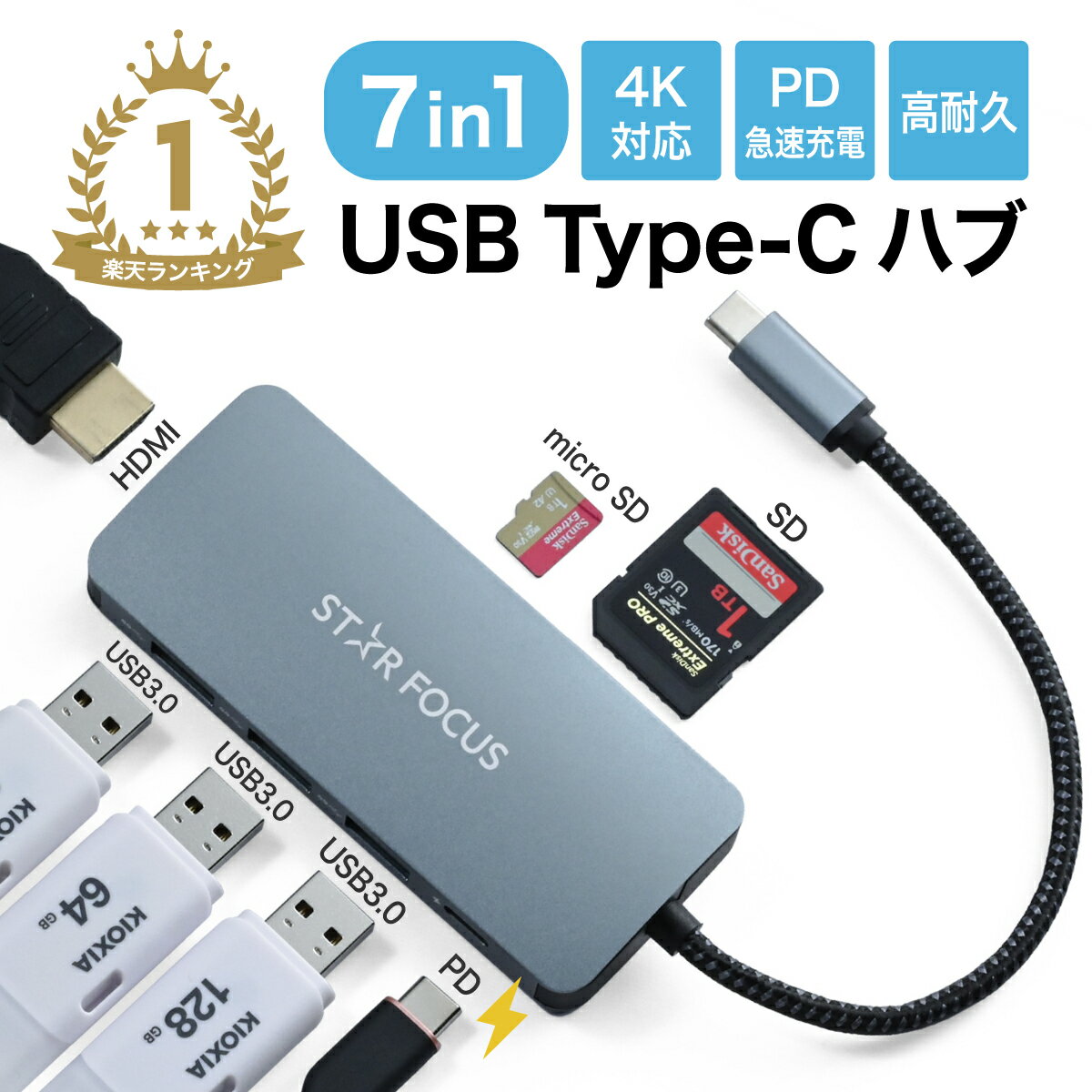 【5/16 エントリー P2倍】【楽天1位 10冠】USB Type-C ハブ 7in1 USB変換アダプタ HDMI 4K USB3.0 ポート PD急速充電 SDカードリーダー 高速 データ移行 ケーブル USBハブ USB-C タイプC typec…