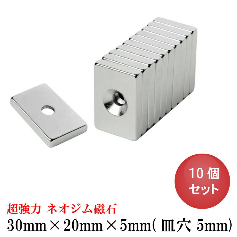 【5/18 いちばの日 P最大7倍】ネオジム磁石 ネオジウム磁石 30mm×20mm×5mm 皿穴5mm ネジ穴 長方形 角型 超強力 磁石 マグネット N35 永久磁石 DIY オフィス 事務所 倉庫 工業 建築 送料無料 領収書発行 まとめ買い (スターフォーカス)【10個セット】