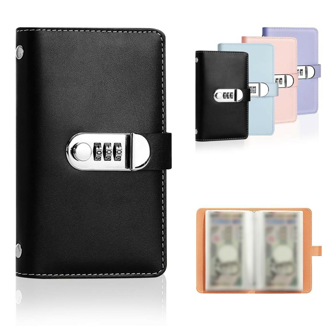 aninako お札 貯金箱 札 紙幣100枚収納 コンビネーションロッ 厚手の革 隠し金庫 お金仕分け 封筒貯金 貯金ファイル 本型 紙幣 記念紙幣 (黒)